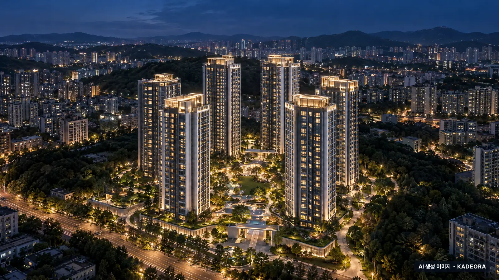 양산자이 파크팰리체 6개동·최고 29층·총 842세대 기준 AI 상상도(야경) — 실제와 다를 수 있음