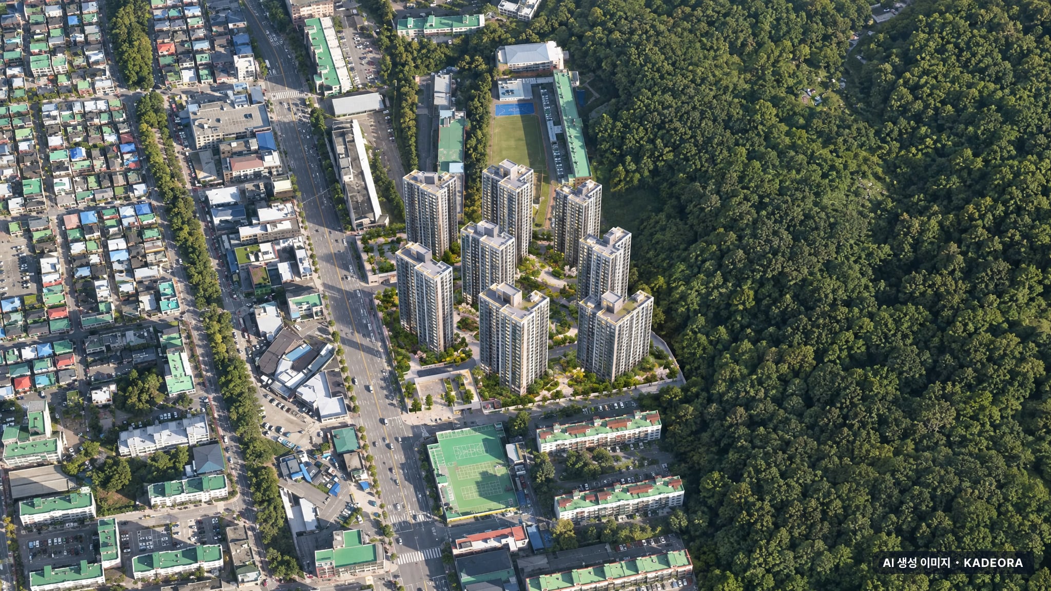진월 더리브 라포레 단지 전경 AI 상상도(주간 항공) — 광주 남구 착공 111세대