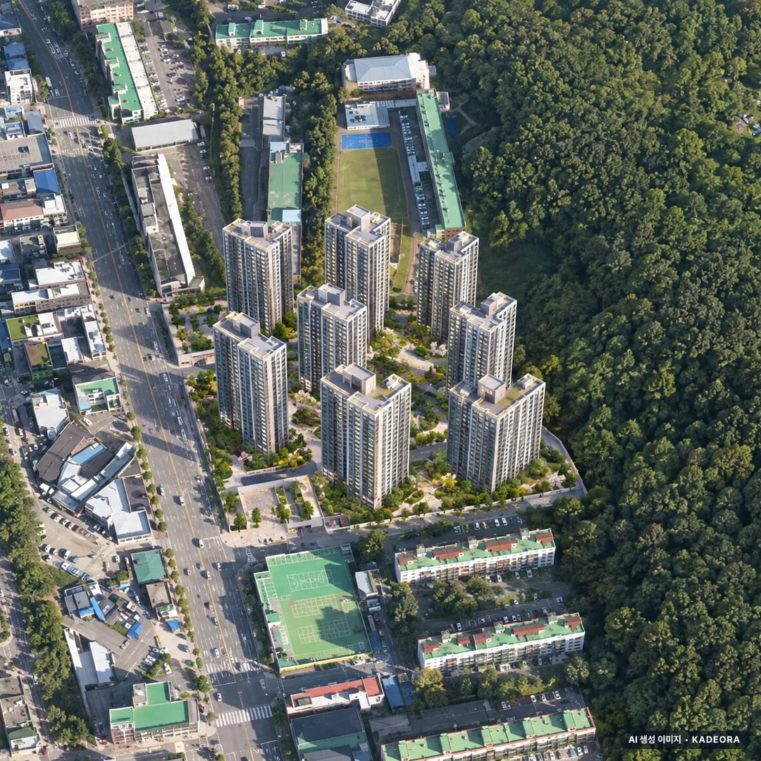 진월 더리브 라포레 단지 전경 AI 상상도(주간 항공) — 광주 남구 착공 111세대