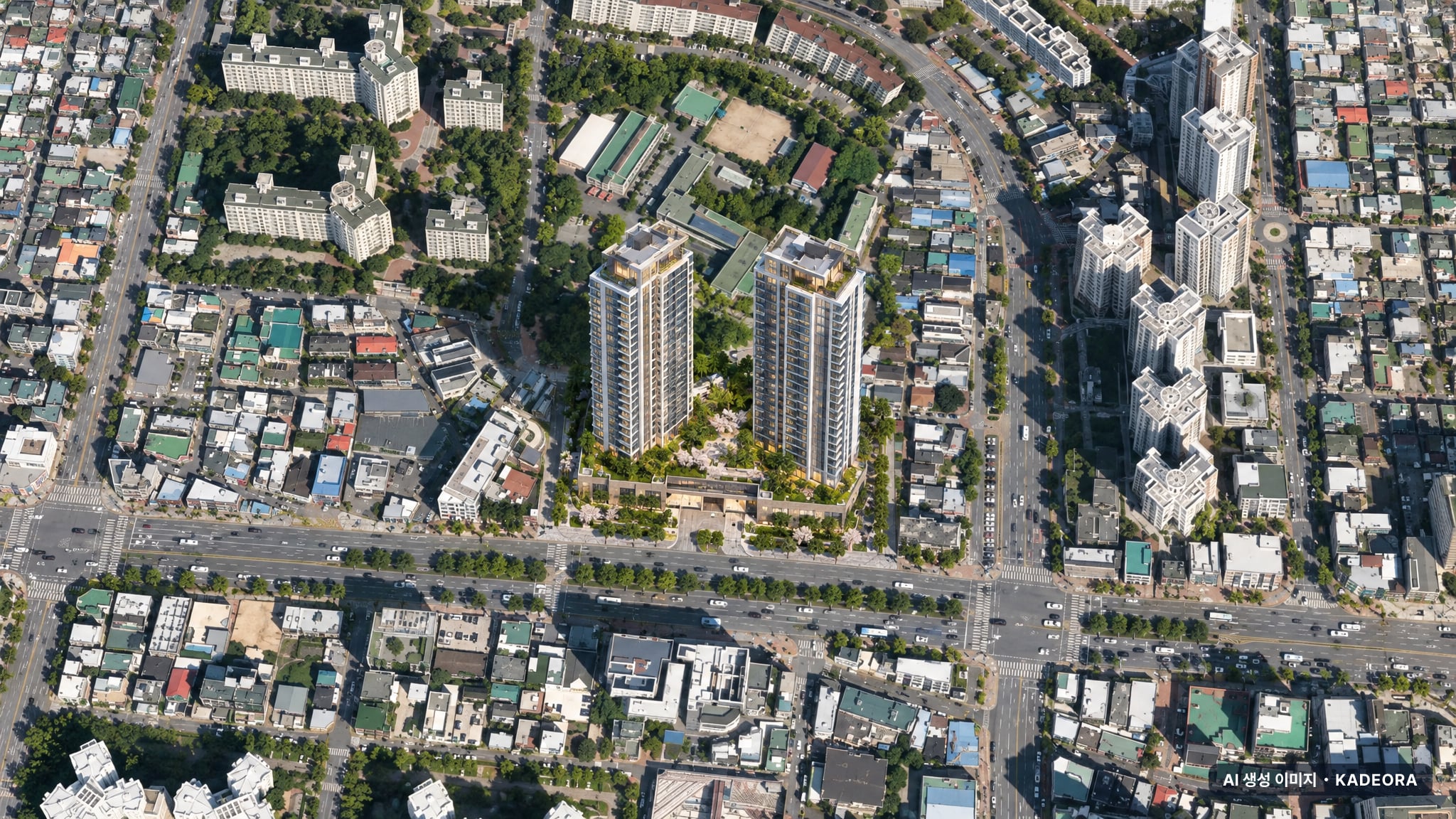 범어역 파크드림 디아르 단지 전경 AI 상상도(주간 항공) — 대구 수성구 착공 47세대
