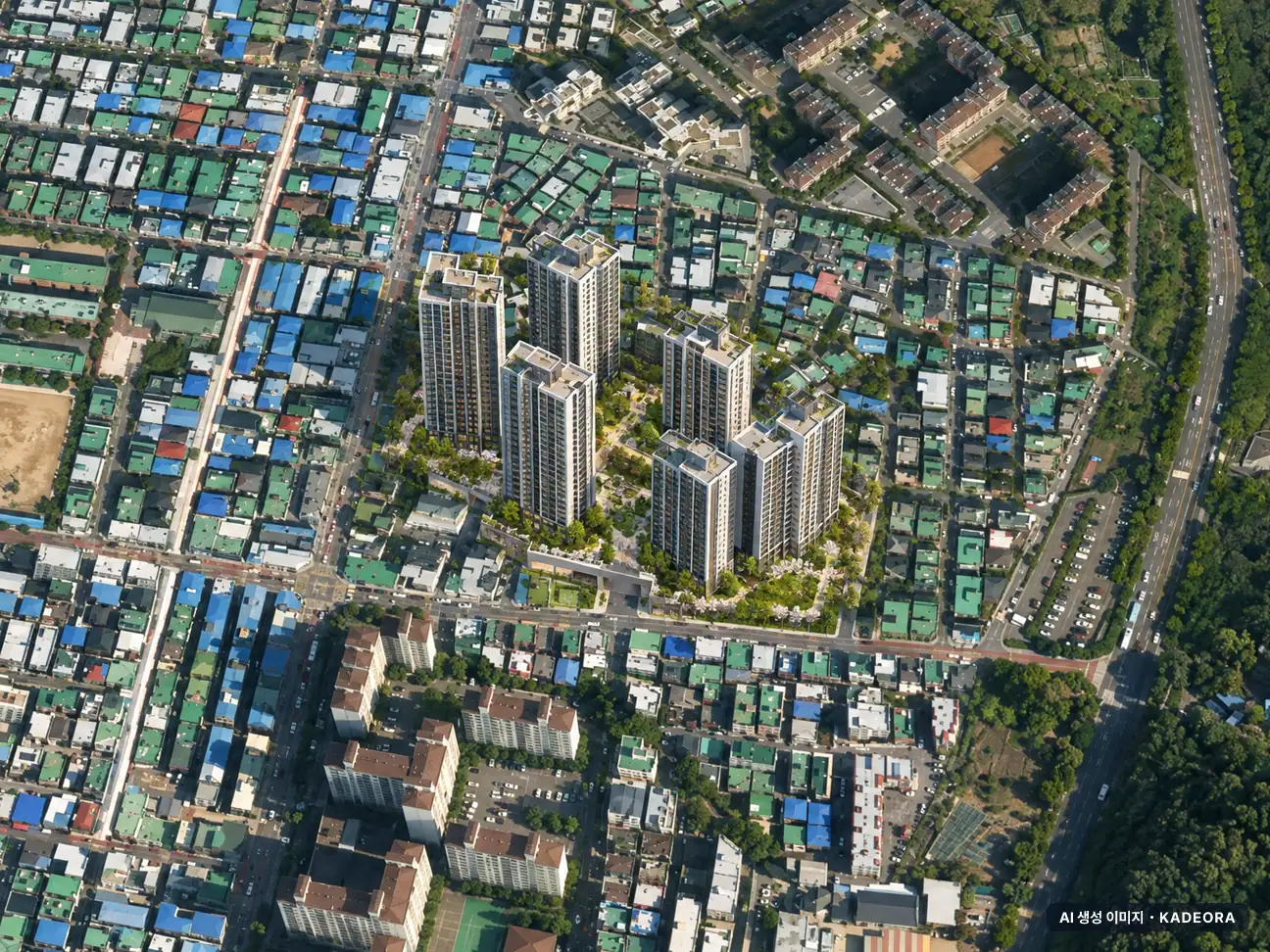 e편한세상 대장 퍼스티움(부천대장 A-6BL) 신혼희망타운(공공분양) 이번 461세대 공급 기준 AI 상상도(주간 항공) — 실제와 다를 수 있음