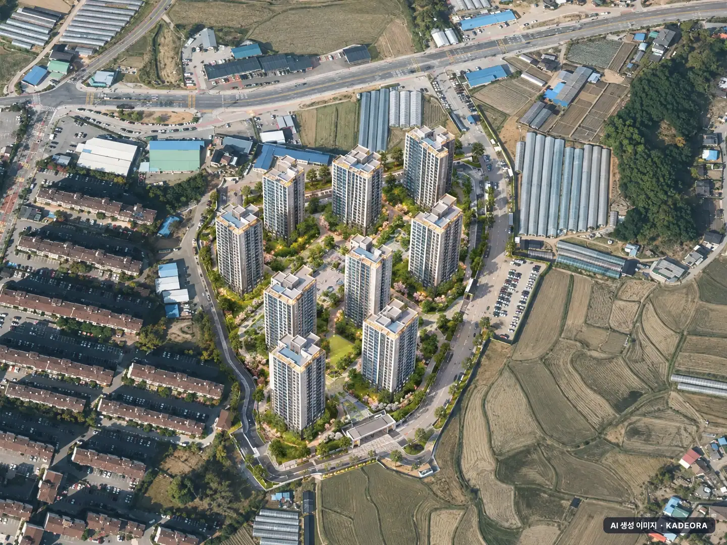 양주 백석 모아엘가 그랑데 9개동·최고 28층·총 929세대 기준 AI 상상도 — 실제와 다를 수 있음 양주 백석 모아엘가 그랑데 9개동·최고 28층·총 929세대 기준 AI 상상도(주간 항공) — 실제와 다를 수 있음