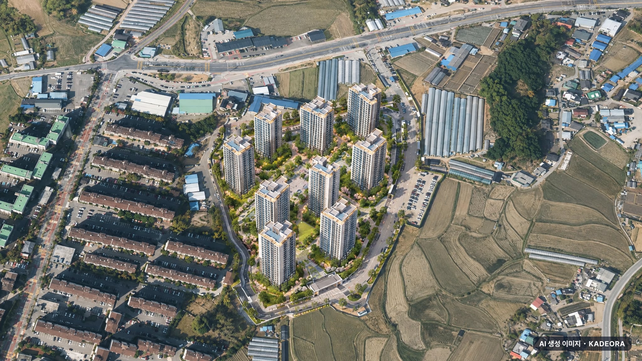 양주 백석 모아엘가 그랑데 단지 전경 AI 상상도(주간 항공) — 경기 양주시 착공 929세대