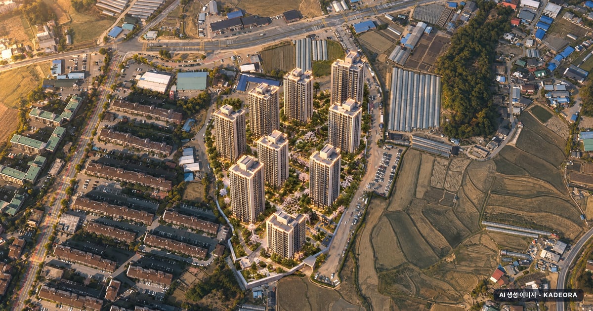 양주 백석 모아엘가 그랑데 9개동·최고 28층·총 929세대 기준 AI 상상도 — 실제와 다를 수 있음 양주 백석 모아엘가 그랑데 9개동·최고 28층·총 929세대 기준 AI 상상도(노을 항공) — 실제와 다를 수 있음