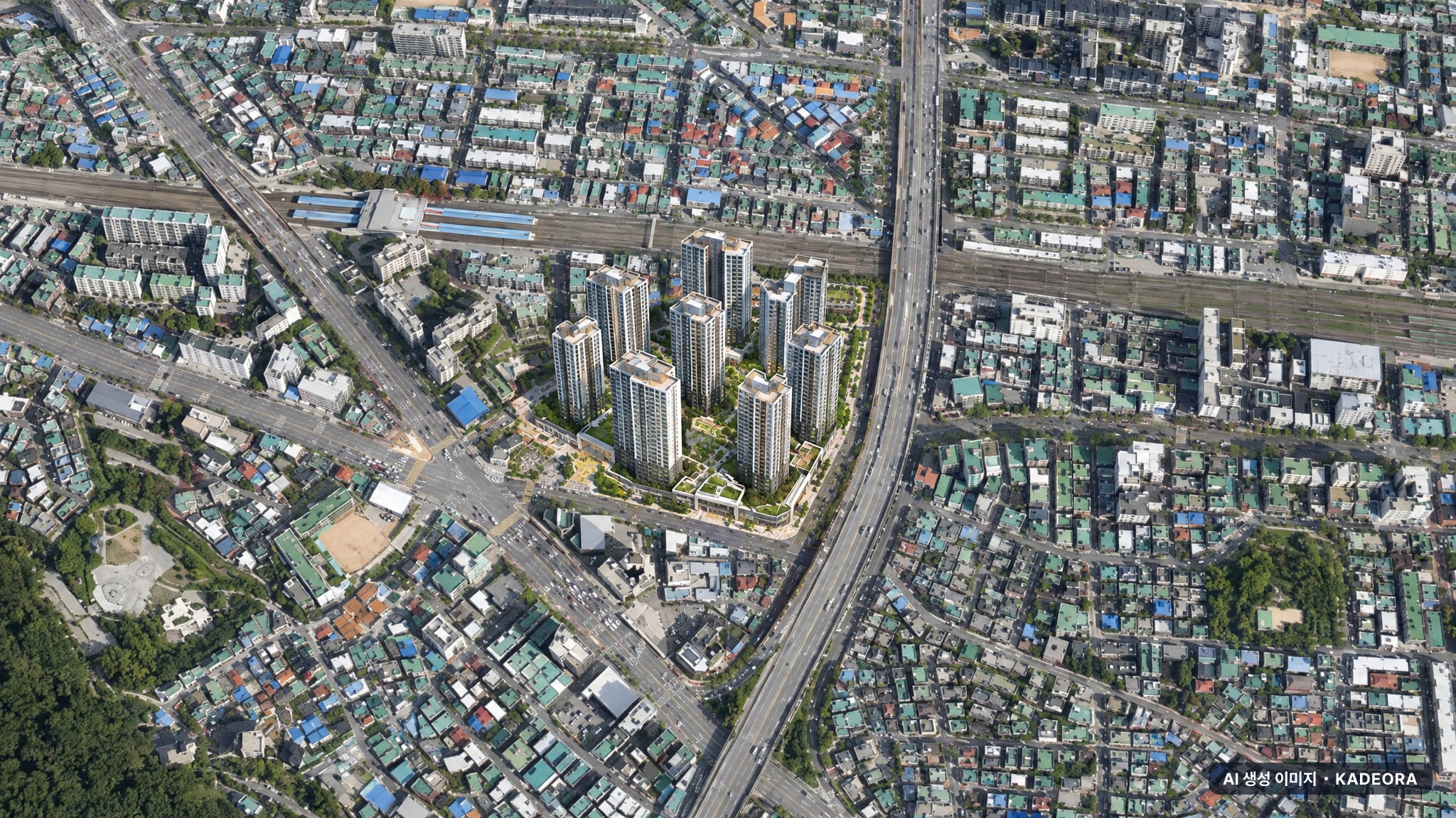 인천 도화동 정비사업 조감도 AI 상상도(주간 항공) — 인천 미추홀구 조합설립 1,800세대