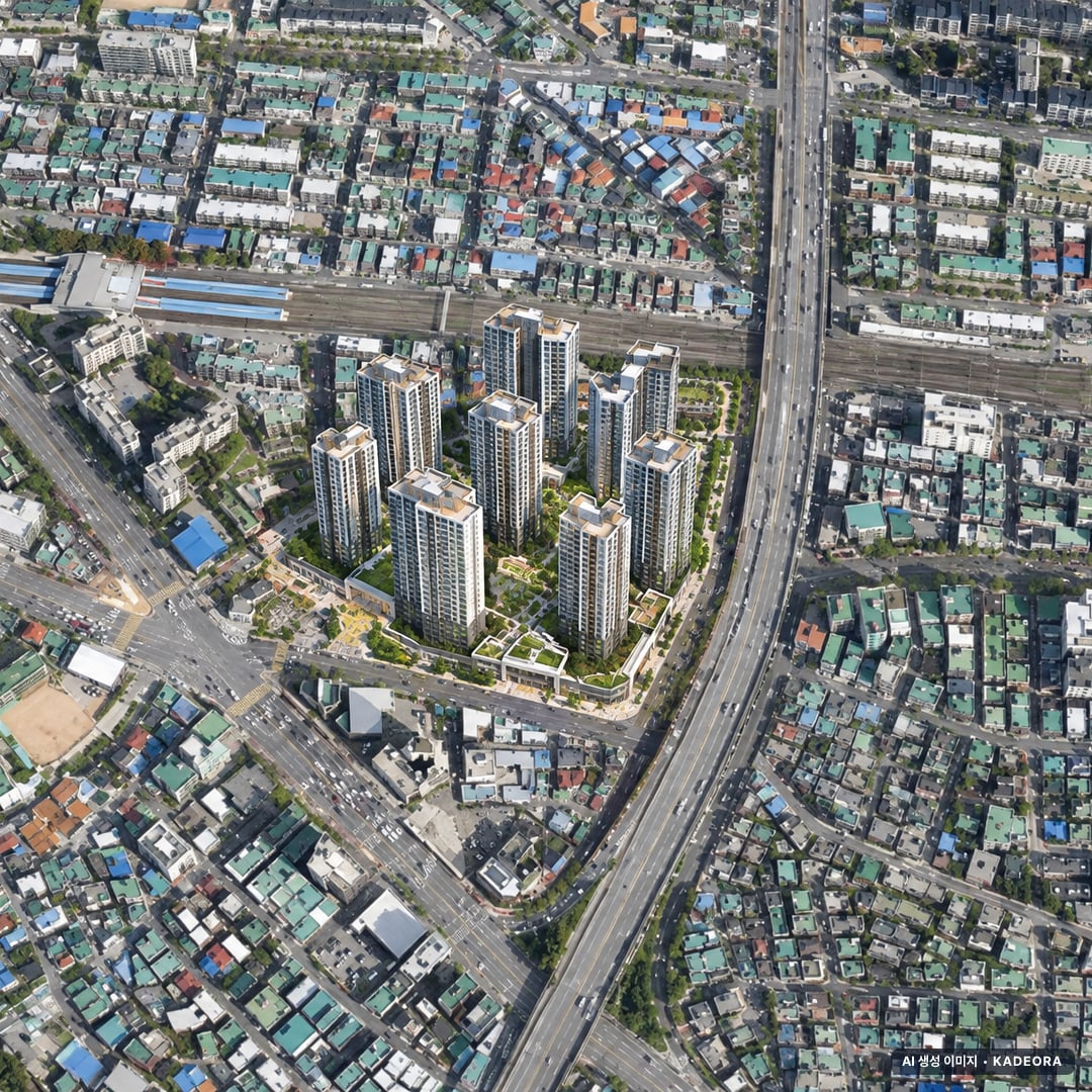 인천 도화동 정비사업 조감도 AI 상상도(주간 항공) — 인천 미추홀구 조합설립 1,800세대