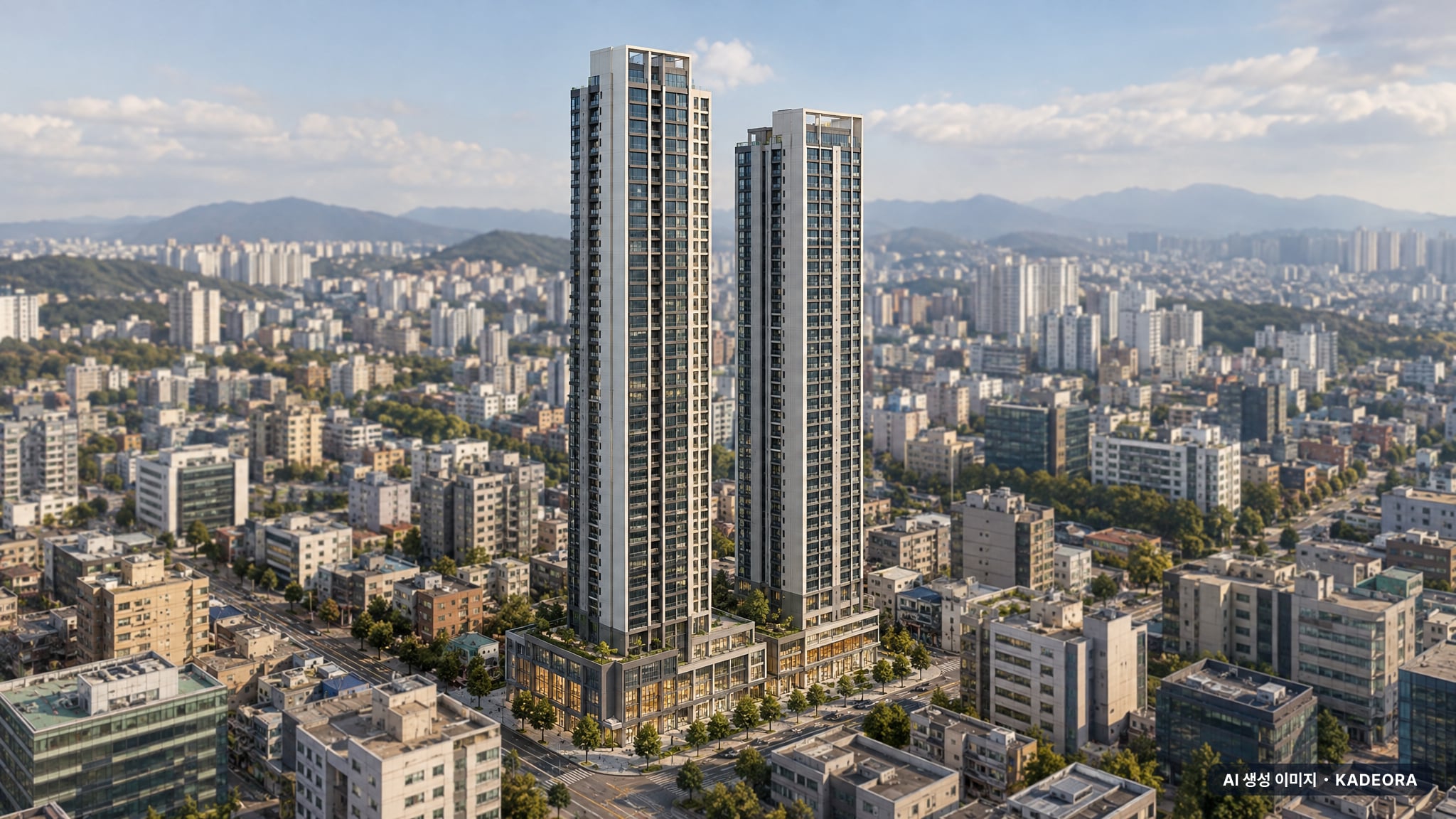 파주 운정3지구 주상복합용지 2BL (사전청약) 2개동·최고 41층·총 292세대(이번 250세대 공급) 기준 AI 상상도(주간 항공) — 실제와 다를 수 있음