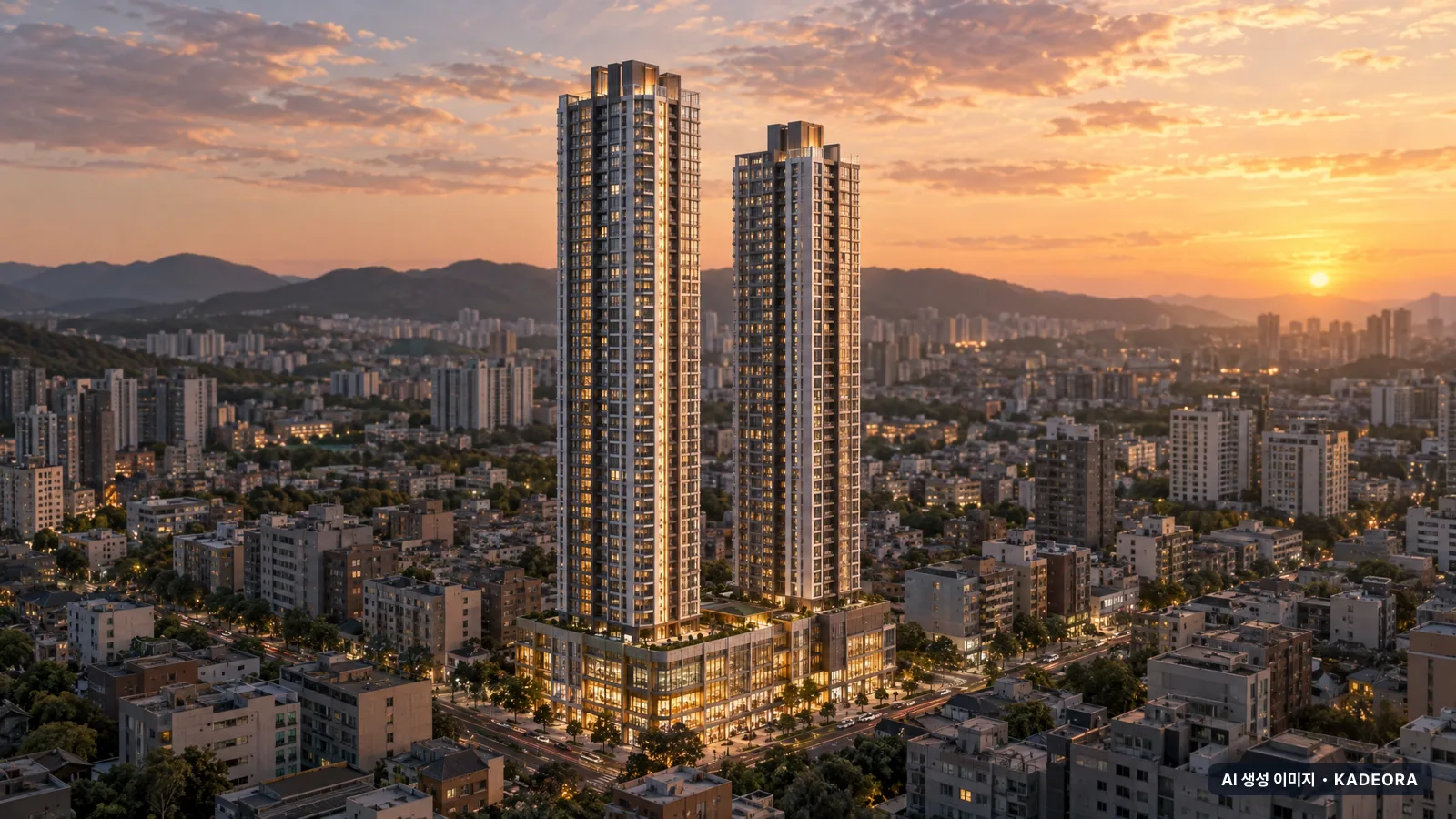 파주 운정3지구 주상복합용지 2BL (사전청약) 단지 전경 AI 상상도(저녁) — 파주시 아파트 분양
