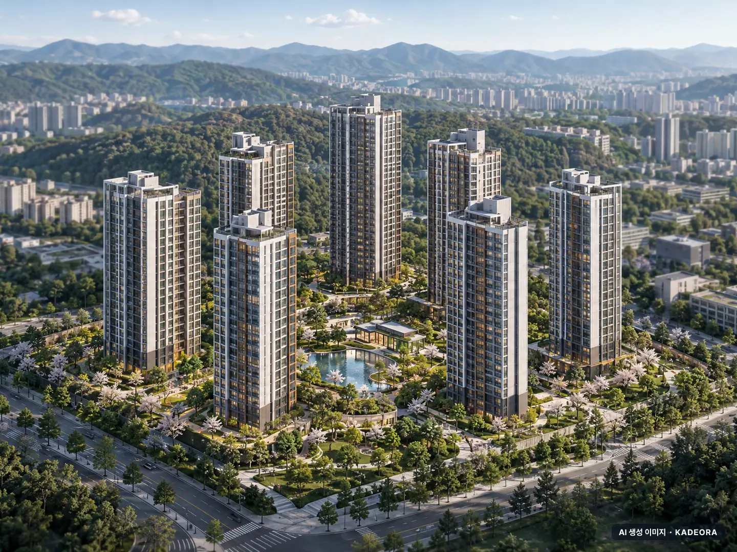 의왕 월암지구 대방 디에트르 레이크파크 7개동·총 703세대(이번 702세대 공급) 기준 AI 상상도(주간 항공) — 실제와 다를 수 있음
