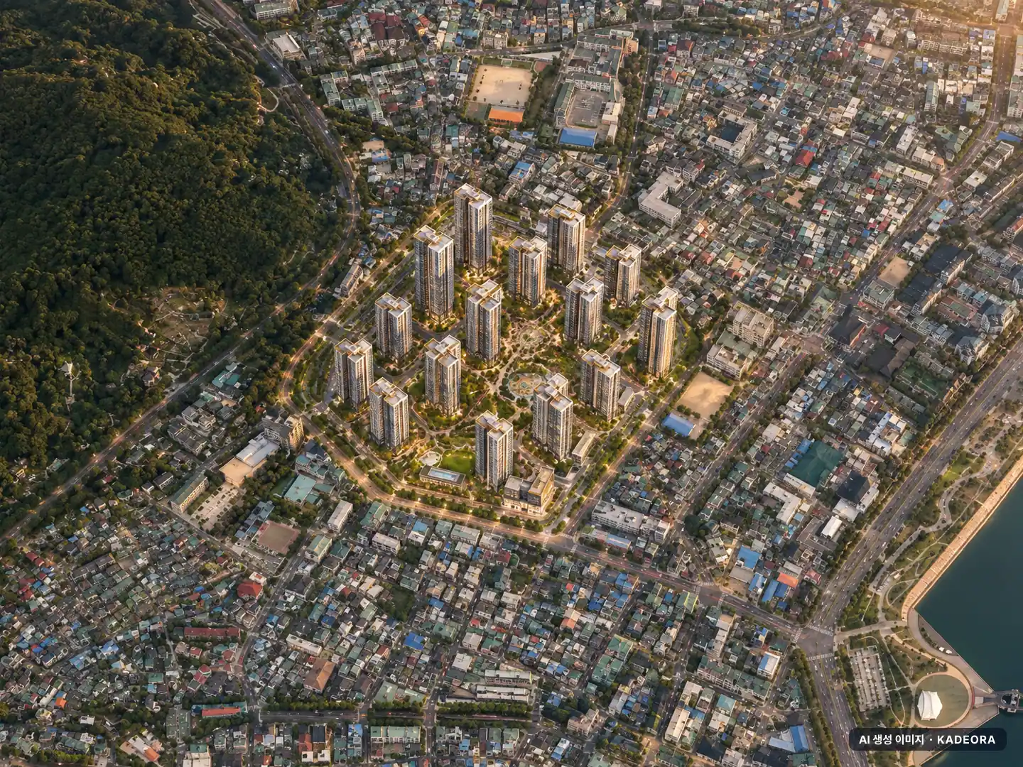 반월구역 재개발 공동주택 16개동·총 1,702세대 기준 AI 상상도 — 실제와 다를 수 있음 반월구역 재개발 공동주택 16개동·총 1,702세대 기준 AI 상상도(노을 항공) — 실제와 다를 수 있음