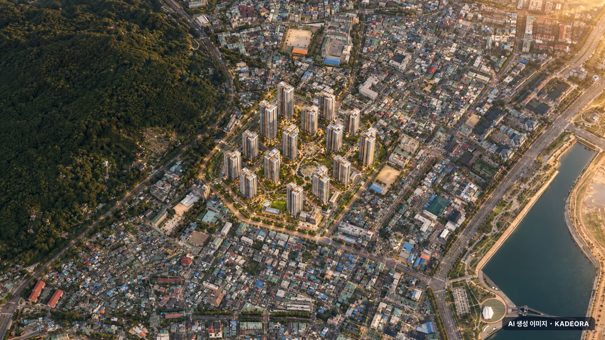 반월구역 재개발 공동주택 단지 전경 AI 상상도(노을 항공) — 경남 창원시 분양 예고 1,702세대