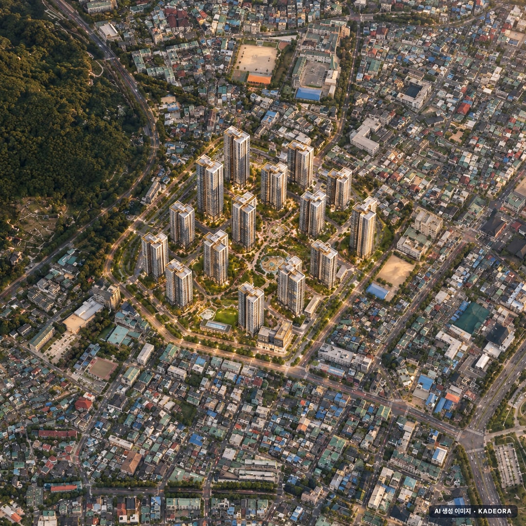 반월구역 재개발 공동주택 조감도 AI 상상도(노을 항공) — 경남 창원시 분양 예고 1,702세대