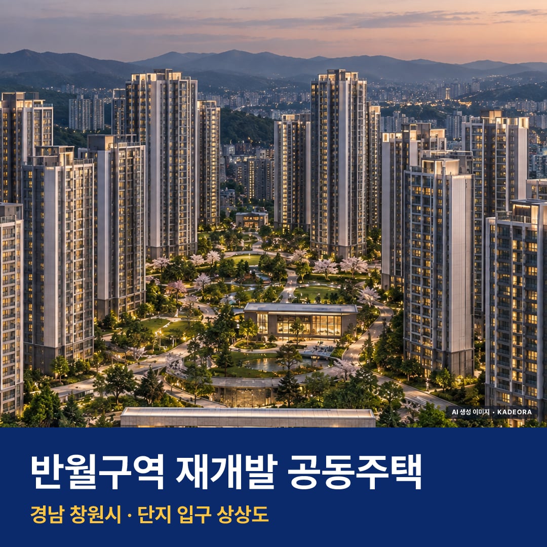 반월구역 재개발 공동주택 단지 전경 AI 상상도 — 창원시 반월동 1,702세대 — AI 생성 상상도 · 실제와 다를 수 있음