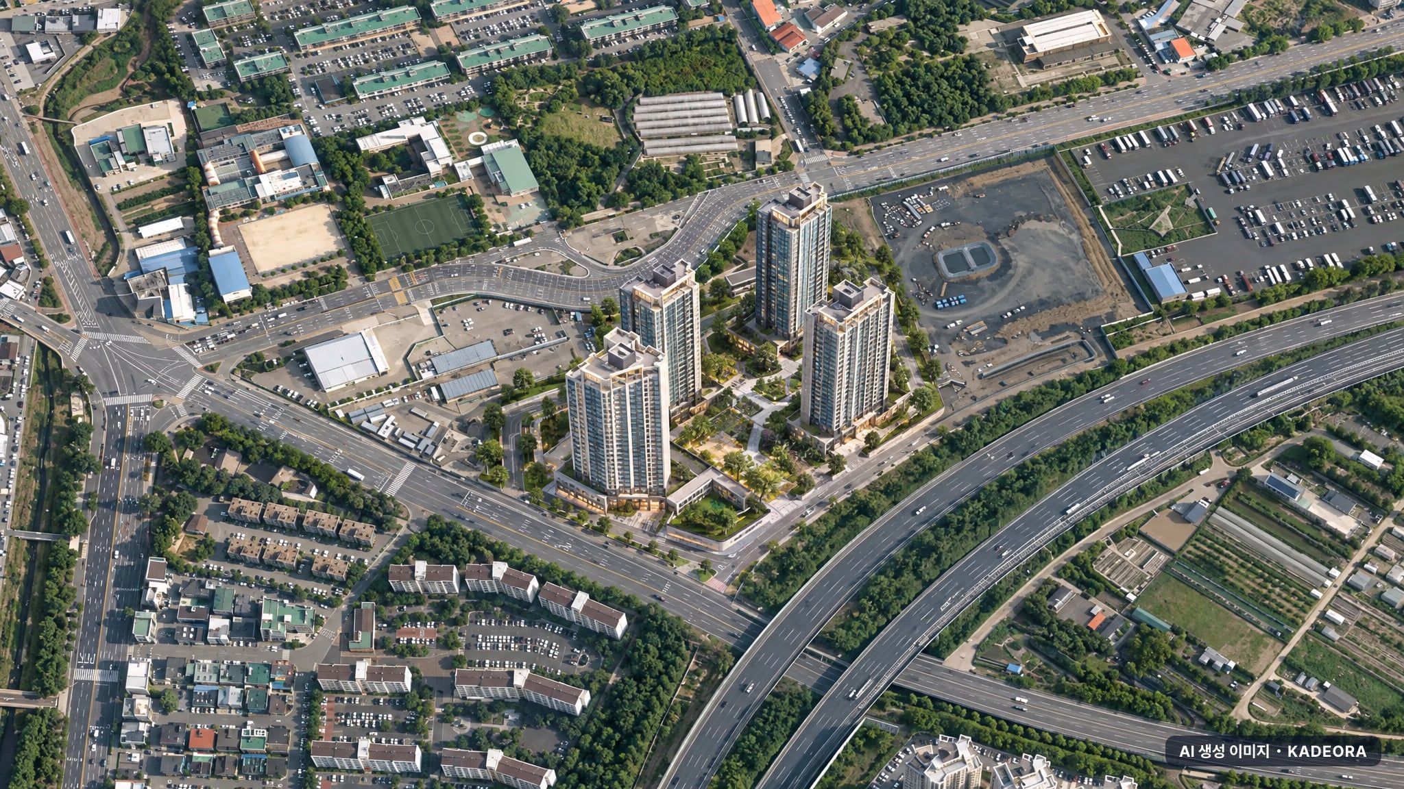 아너스 웰가 진주 단지 전경 AI 상상도(주간 항공) — 경남 진주시 착공 840세대