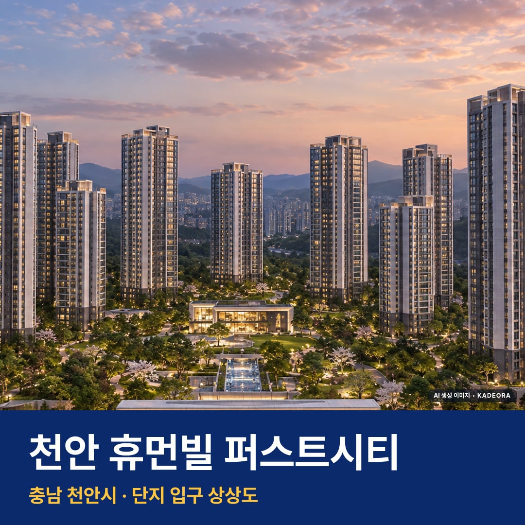 천안 휴먼빌 퍼스트시티 재개발 천안 휴먼빌 퍼스트시티 단지 전경 AI 상상도 — 천안시 부대동 1,232세대 — AI 생성 상상도 · 실제와 다를 수 있음