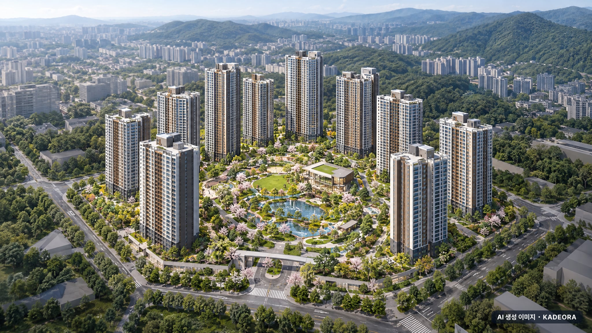 천안 휴먼빌 퍼스트시티(2회차) 12개동·최고 33층·총 1,541세대(이번 309세대 공급) 기준 AI 상상도(주간 항공) — 실제와 다를 수 있음