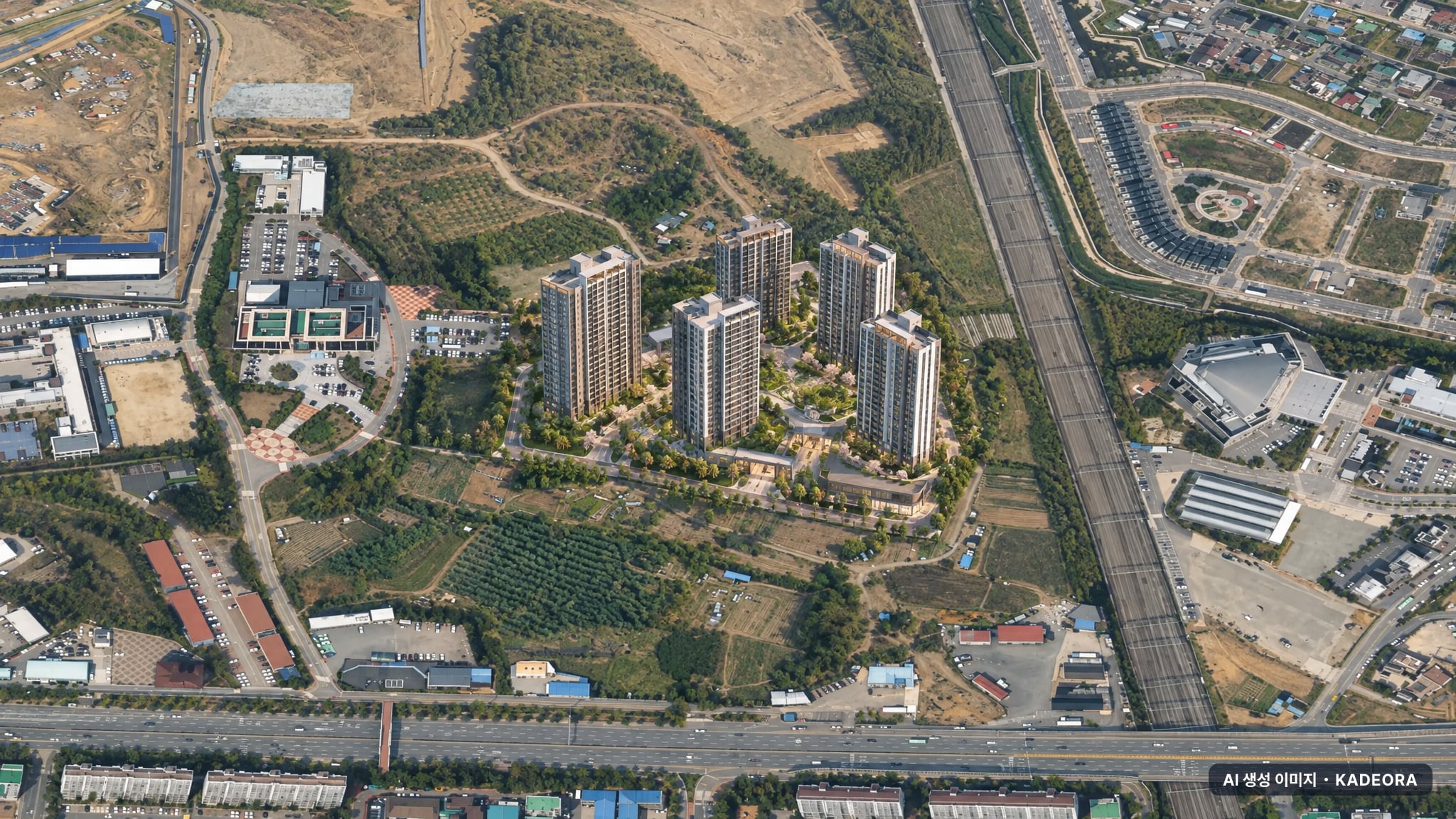 천안 휴먼빌 퍼스트시티(2회차) 단지 전경 AI 상상도(주간 항공) — 충남 천안시 착공 309세대