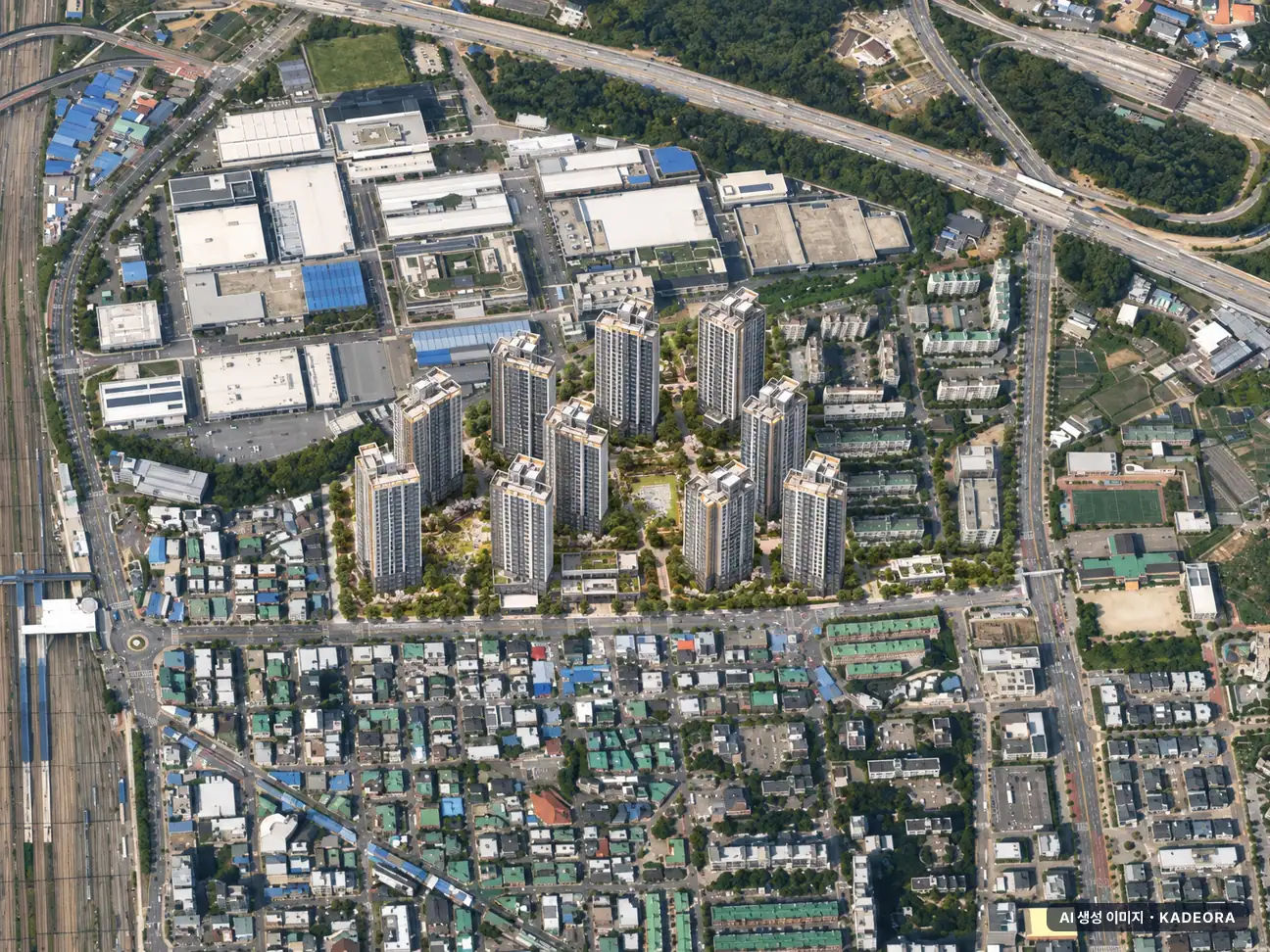 의왕시 부곡다구역 총 1,511세대 기준 AI 상상도(주간 항공) — 실제와 다를 수 있음