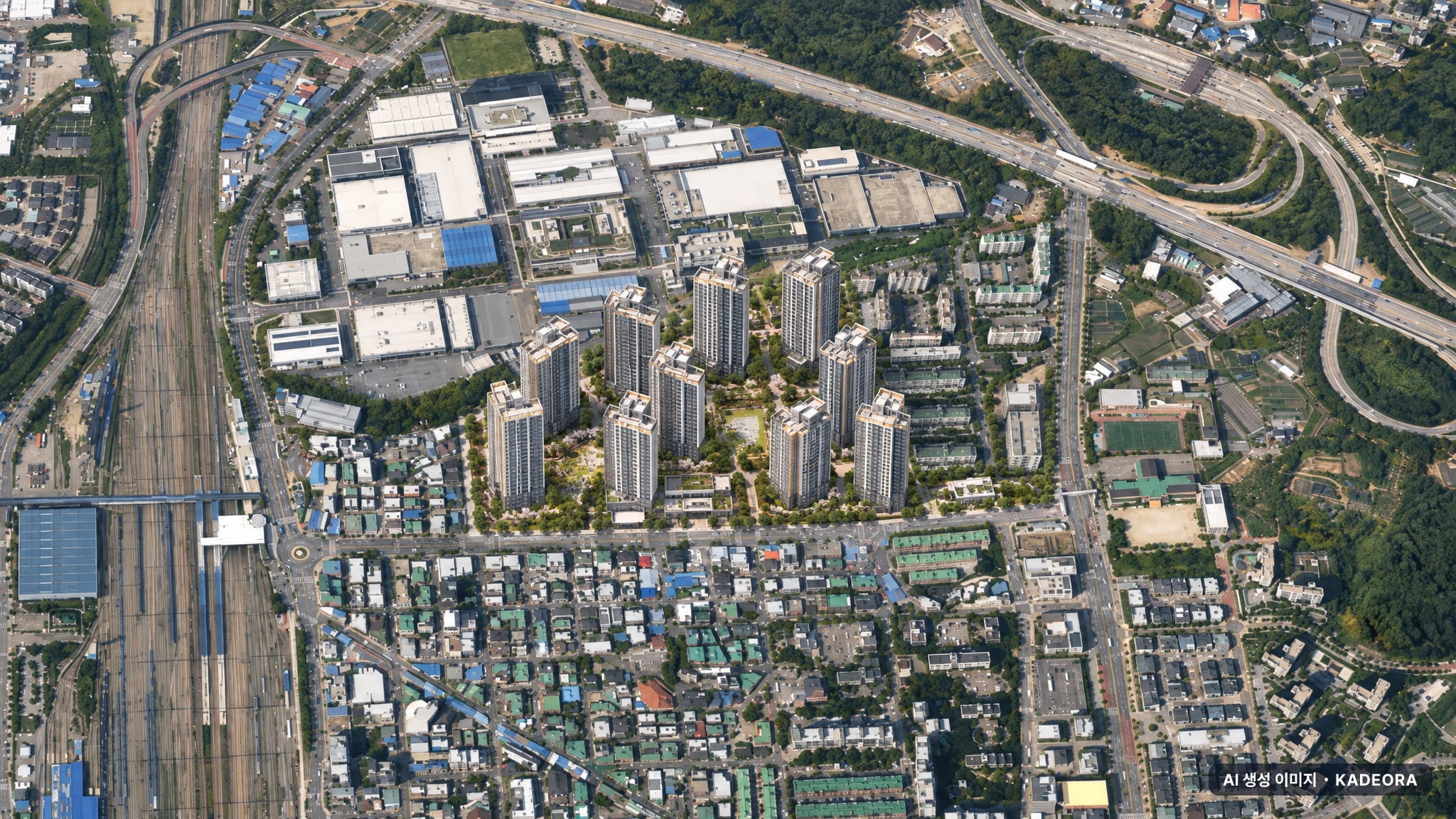 의왕시 부곡다구역 단지 전경 AI 상상도(주간 항공) — 경기 의왕시 조합설립 1,511세대