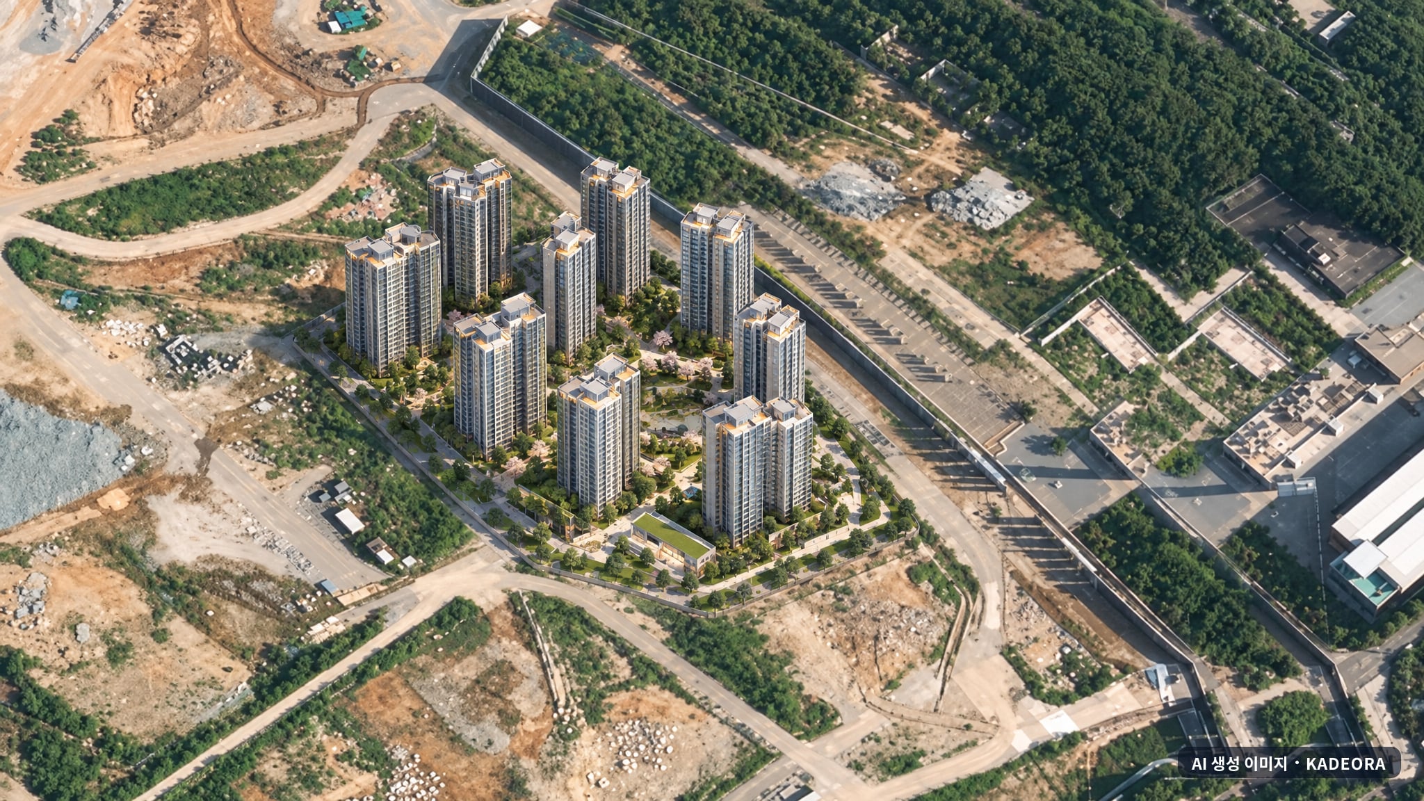센트레빌 아스테리움 거제 단지 전경 AI 상상도(주간 항공) — 경남 거제시 착공 1,307세대