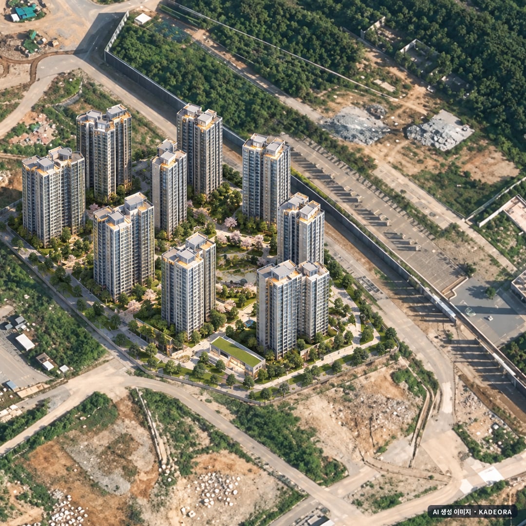 센트레빌 아스테리움 거제 단지 전경 AI 상상도(주간 항공) — 경남 거제시 착공 1,307세대