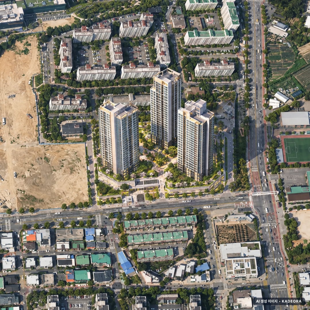 의왕역 한신더휴 주간 항공 상상도 · AI 생성 이미지로 실제와 다를 수 있음 의왕역 한신더휴 단지 전경 AI 상상도(주간 항공) — 경기 의왕시 착공 108세대