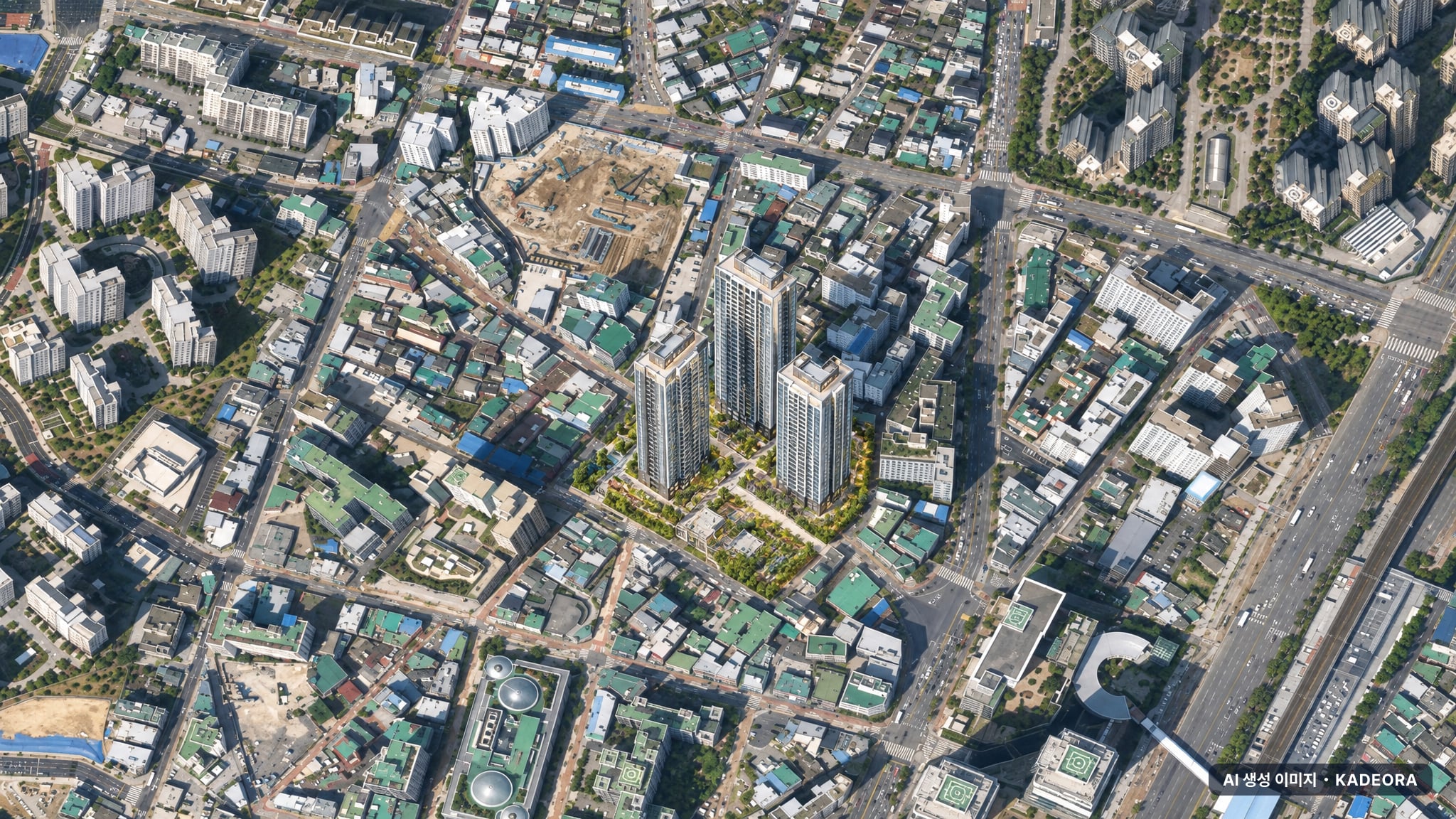 온천장 하늘채 엘리시움 단지 전경 AI 상상도(주간 항공) — 부산 동래구 착공 129세대