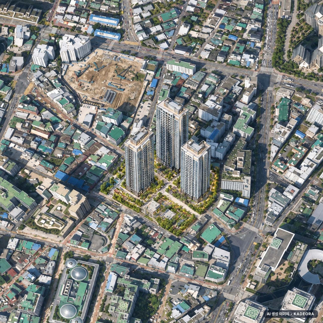 온천장 하늘채 엘리시움 단지 전경 AI 상상도(주간 항공) — 부산 동래구 착공 129세대