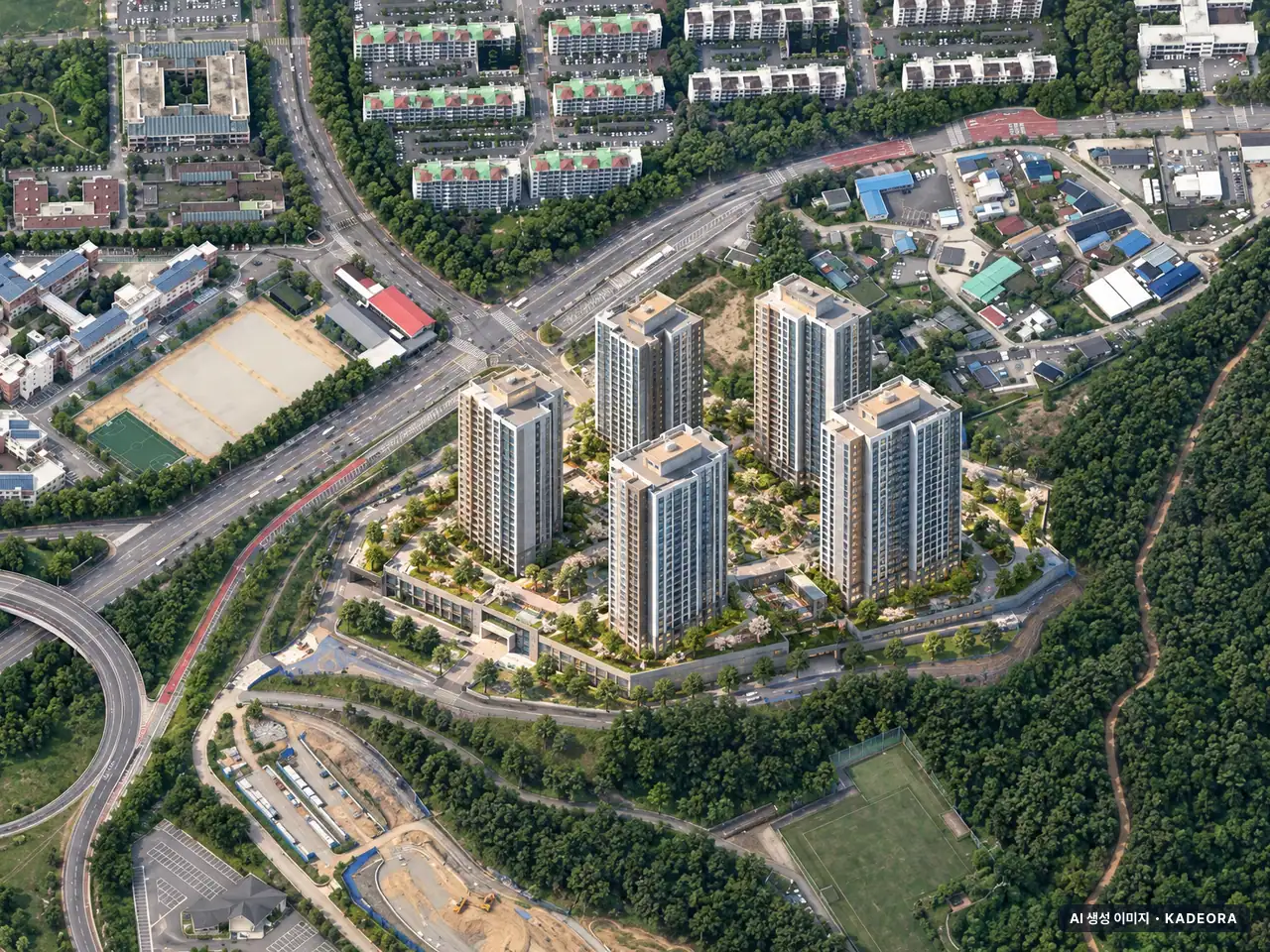 봉산공원 첨단 제일풍경채 이번 948세대 공급 기준 AI 상상도(주간 항공) — 실제와 다를 수 있음