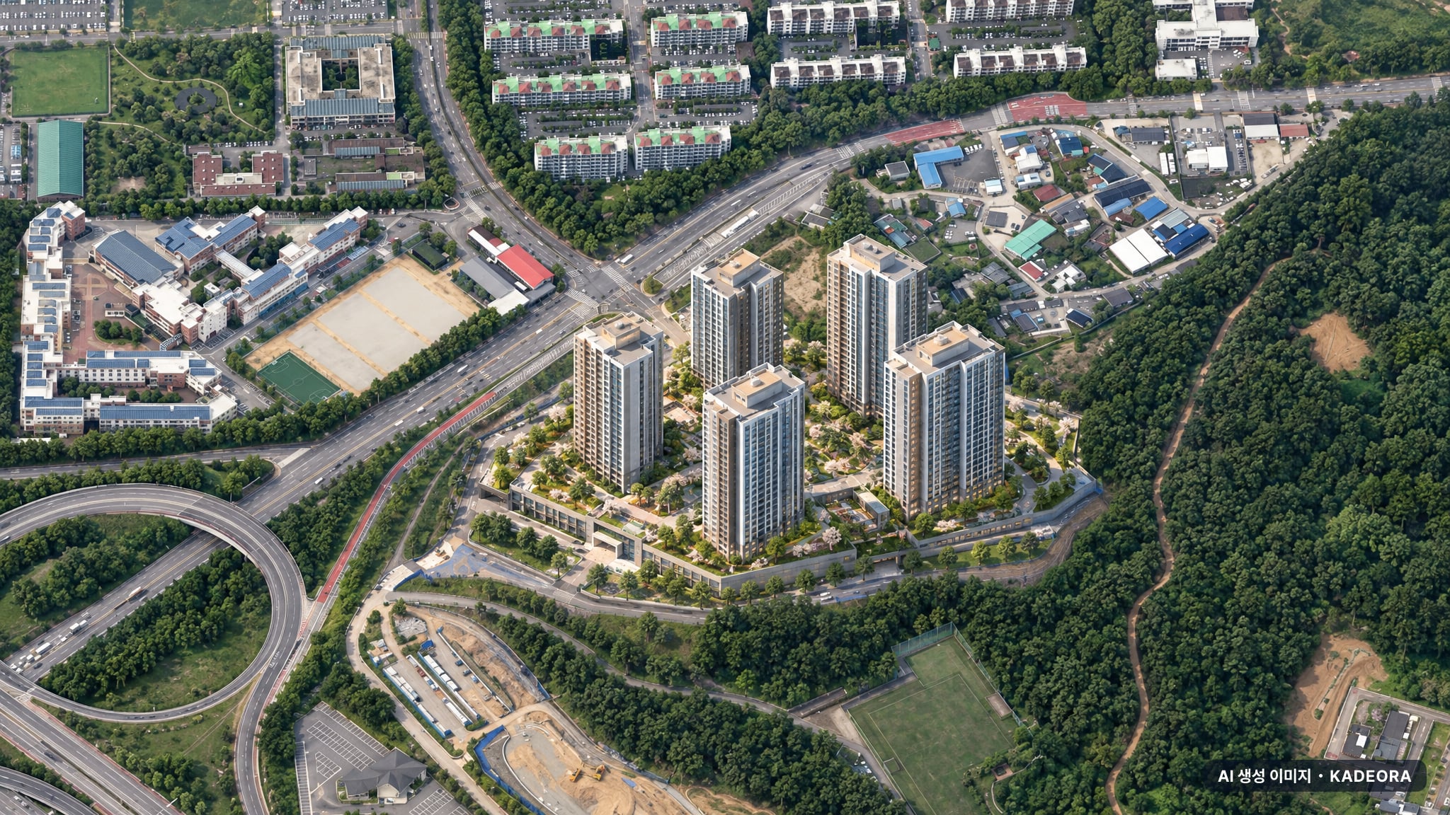 봉산공원 첨단 제일풍경채 주간 항공 상상도 · AI 생성 이미지로 실제와 다를 수 있음 봉산공원 첨단 제일풍경채 단지 전경 AI 상상도(주간 항공) — 광주 광산구 착공 948세대