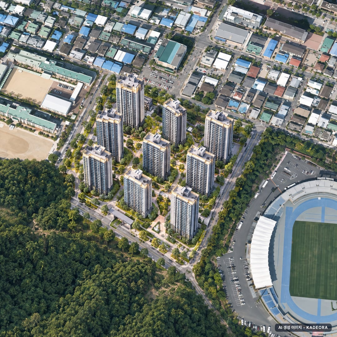 두산위브더제니스 구미 주간 항공 상상도 · AI 생성 이미지로 실제와 다를 수 있음 두산위브더제니스 구미 단지 전경 AI 상상도(주간 항공) — 경북 구미시 착공 403세대