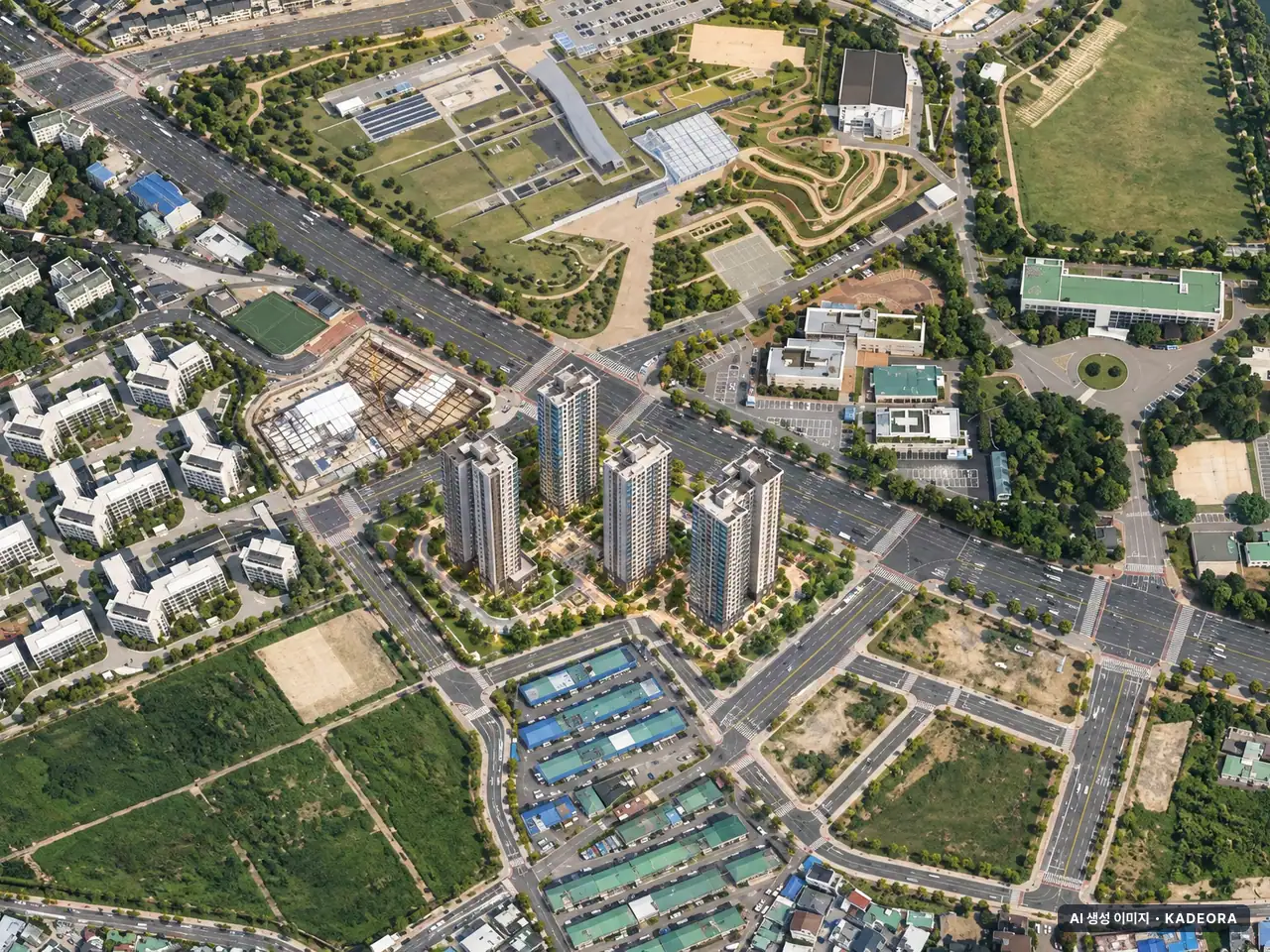 화서역 호수공원 아너스빌 7개동·최고 15층·총 476세대 기준 AI 상상도(주간 항공) — 실제와 다를 수 있음