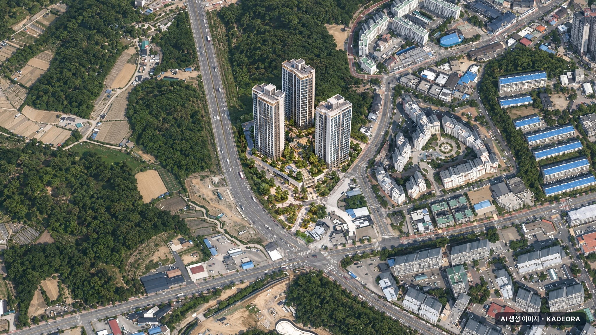 안동리첼스카이파크 단지 전경 AI 상상도(주간 항공) — 경북 안동시 착공 264세대