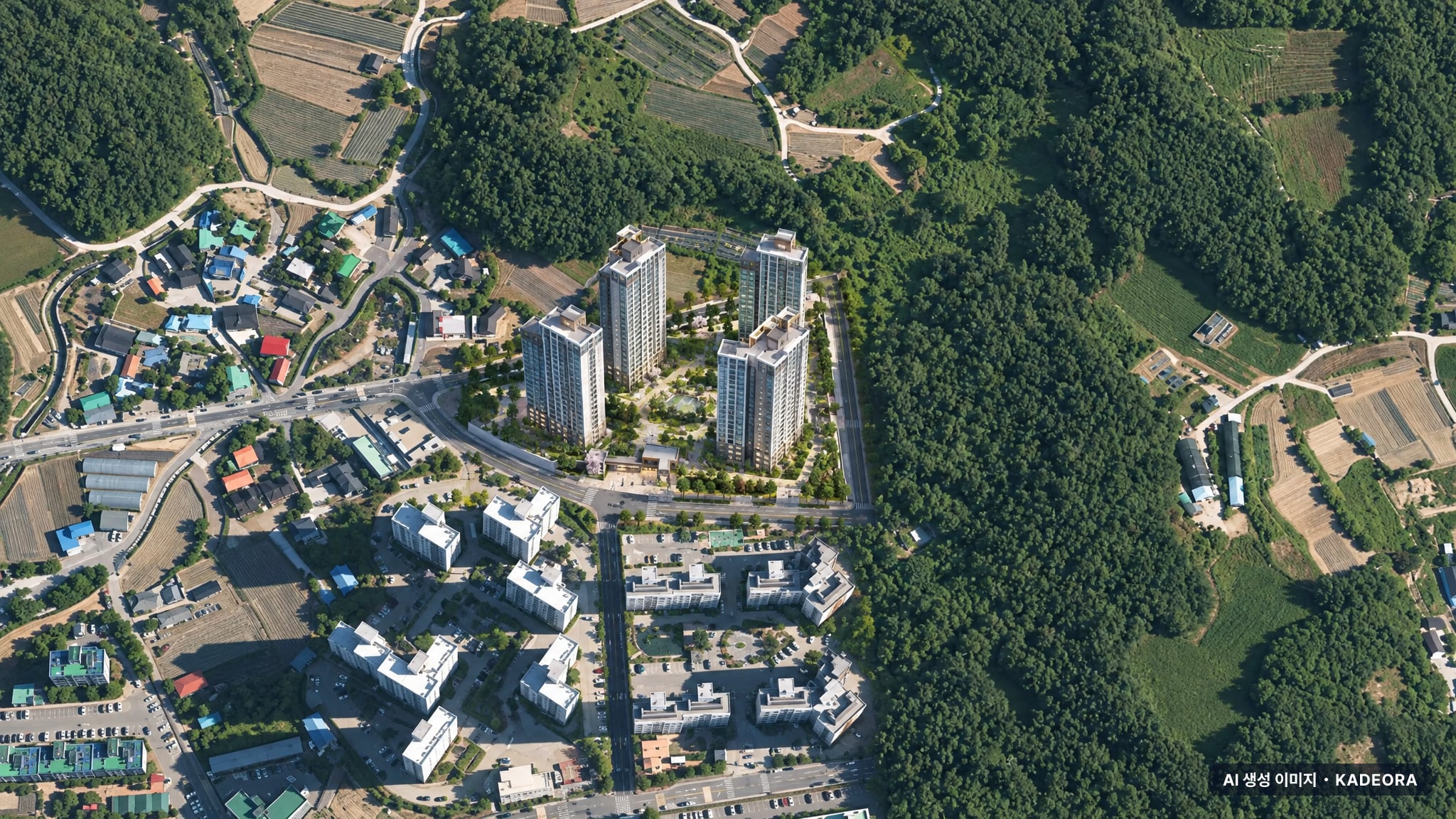 파크레스트 해남 단지 전경 AI 상상도(주간 항공) — 전남 해남군 착공 294세대