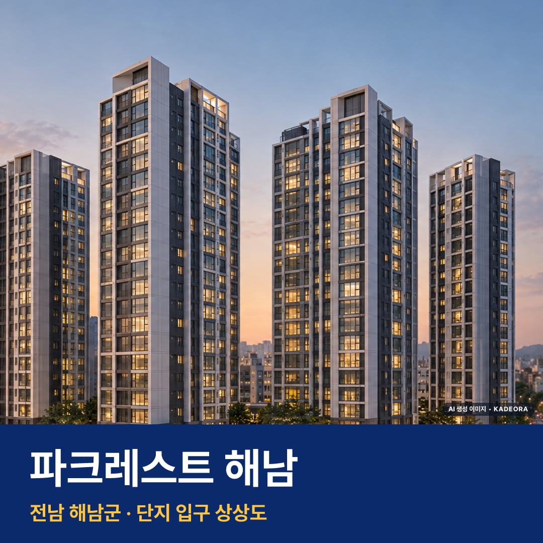 파크레스트 해남 재개발 파크레스트 해남 단지 전경 AI 상상도 — 해남군 해남읍 294세대 — AI 생성 상상도 · 실제와 다를 수 있음