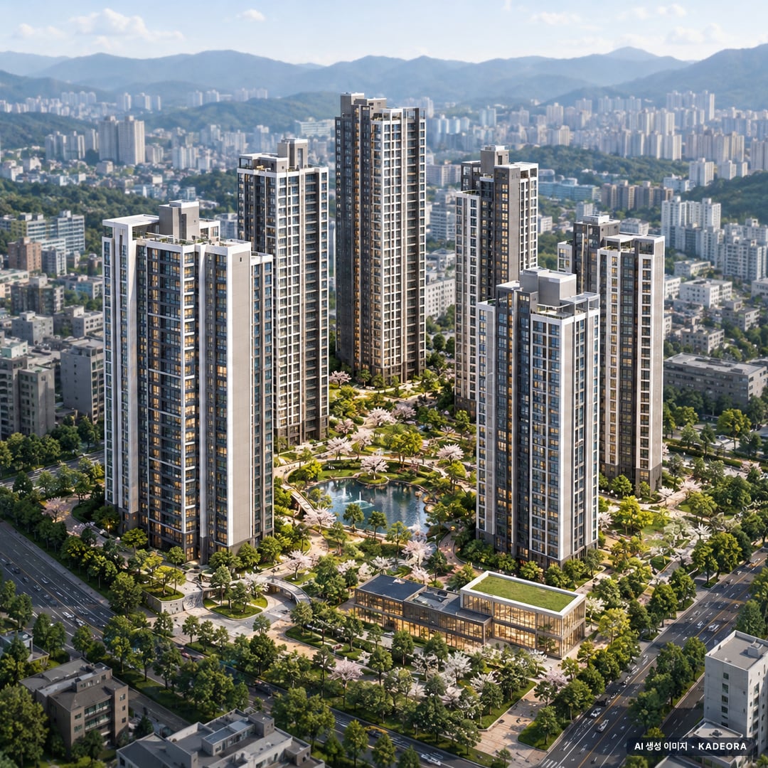 울산 삼산동 재건축 주간 항공 상상도 · AI 생성 이미지로 실제와 다를 수 있음 울산 삼산동 재건축 단지 전경 AI 상상도(주간 항공) — 남구