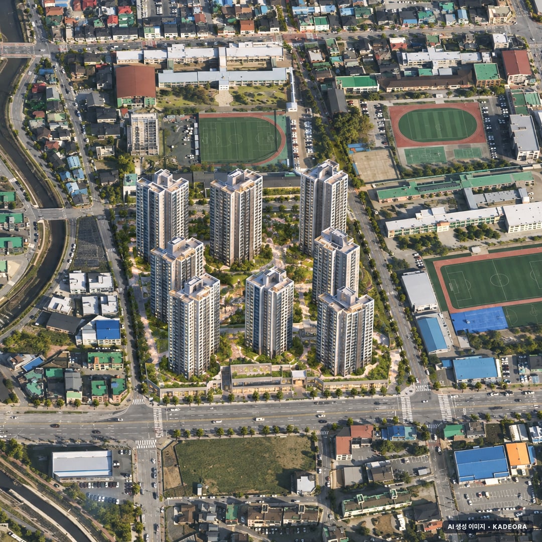 한화포레나 충주호암(조합원 취소분) 단지 전경 AI 상상도(주간 항공) — 충북 충주시 착공 148세대