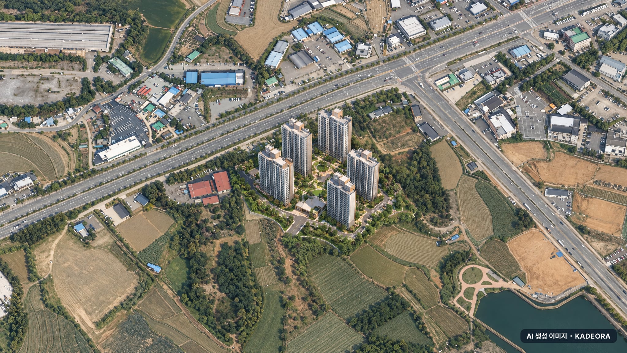 엘리프 성성호수공원 2BL 단지 전경 AI 상상도(주간 항공) — 충남 천안시 착공 560세대