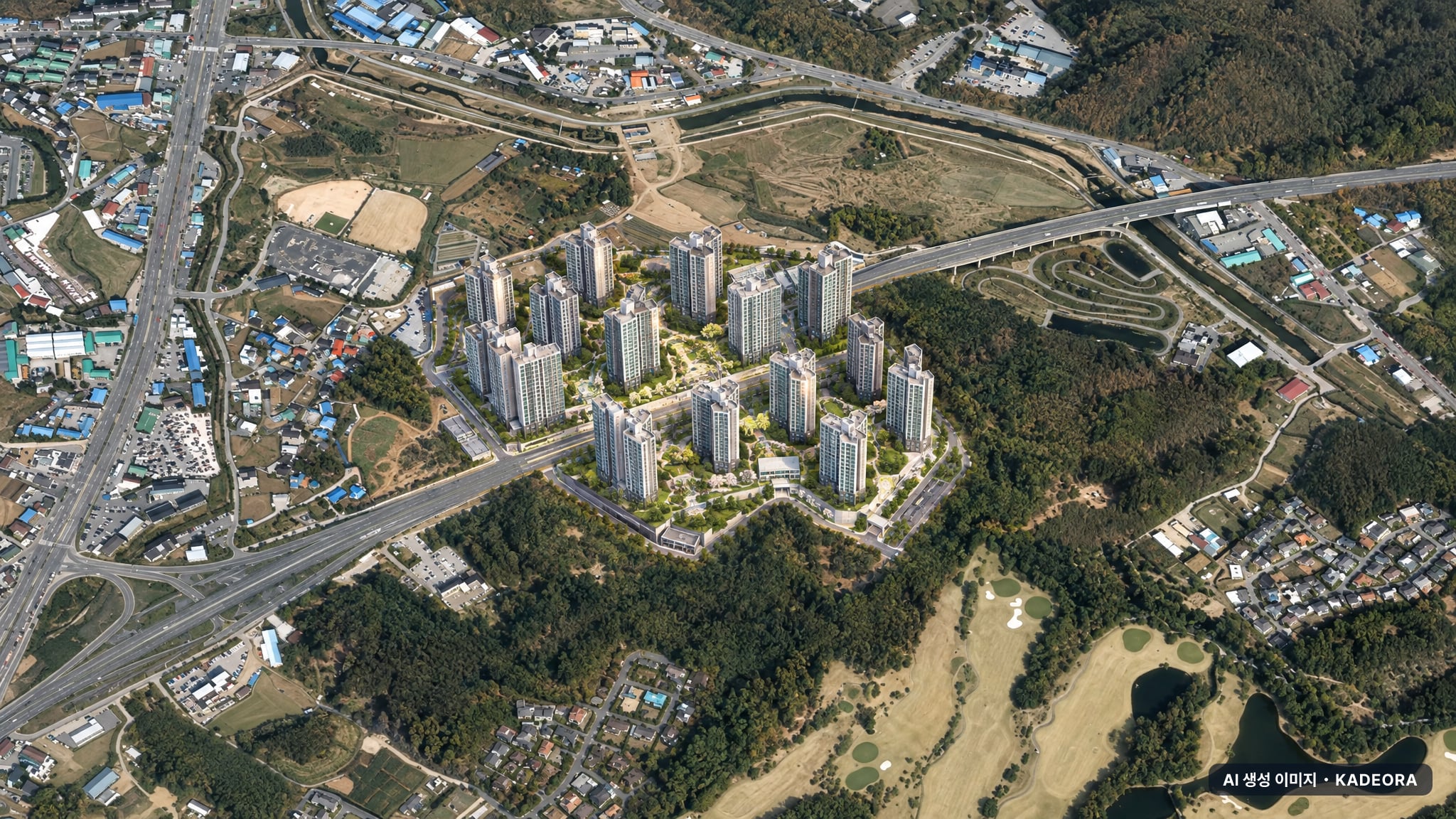 용인 푸르지오 원클러스터 1단지 단지 전경 AI 상상도(주간 항공) — 경기 용인시 착공 1,681세대