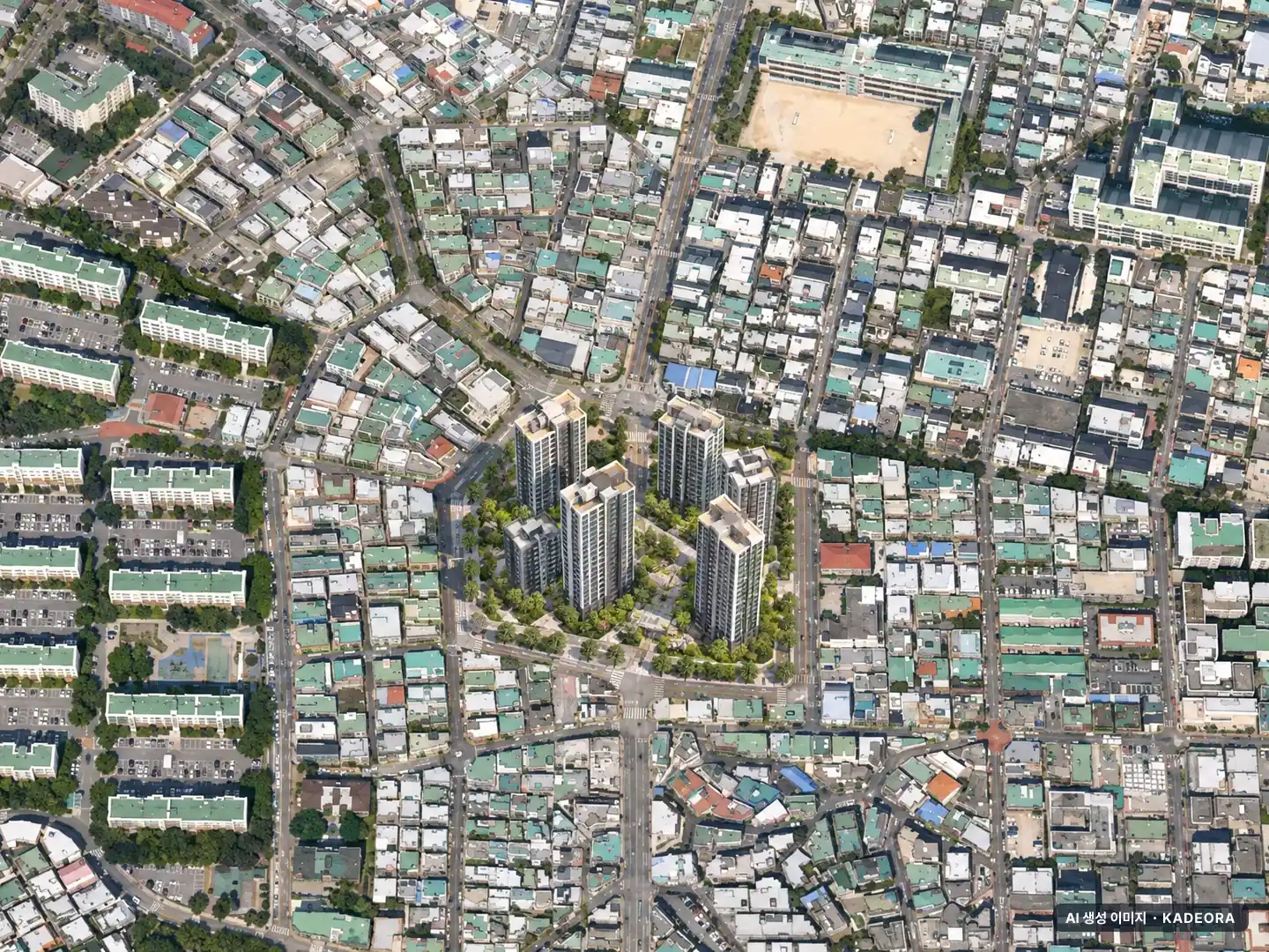 부산 금정구 구서1 재개발 총 544세대 기준 AI 상상도(주간 항공) — 실제와 다를 수 있음