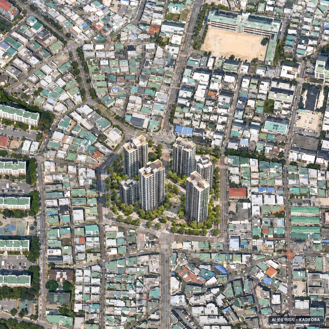 부산 금정구 구서1 재개발 조감도 AI 상상도(주간 항공) — 부산 금정구 조합설립 544세대