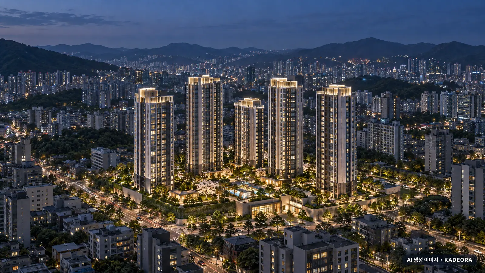 부산 금정구 구서1 재개발 총 544세대 기준 AI 상상도(야경) — 실제와 다를 수 있음