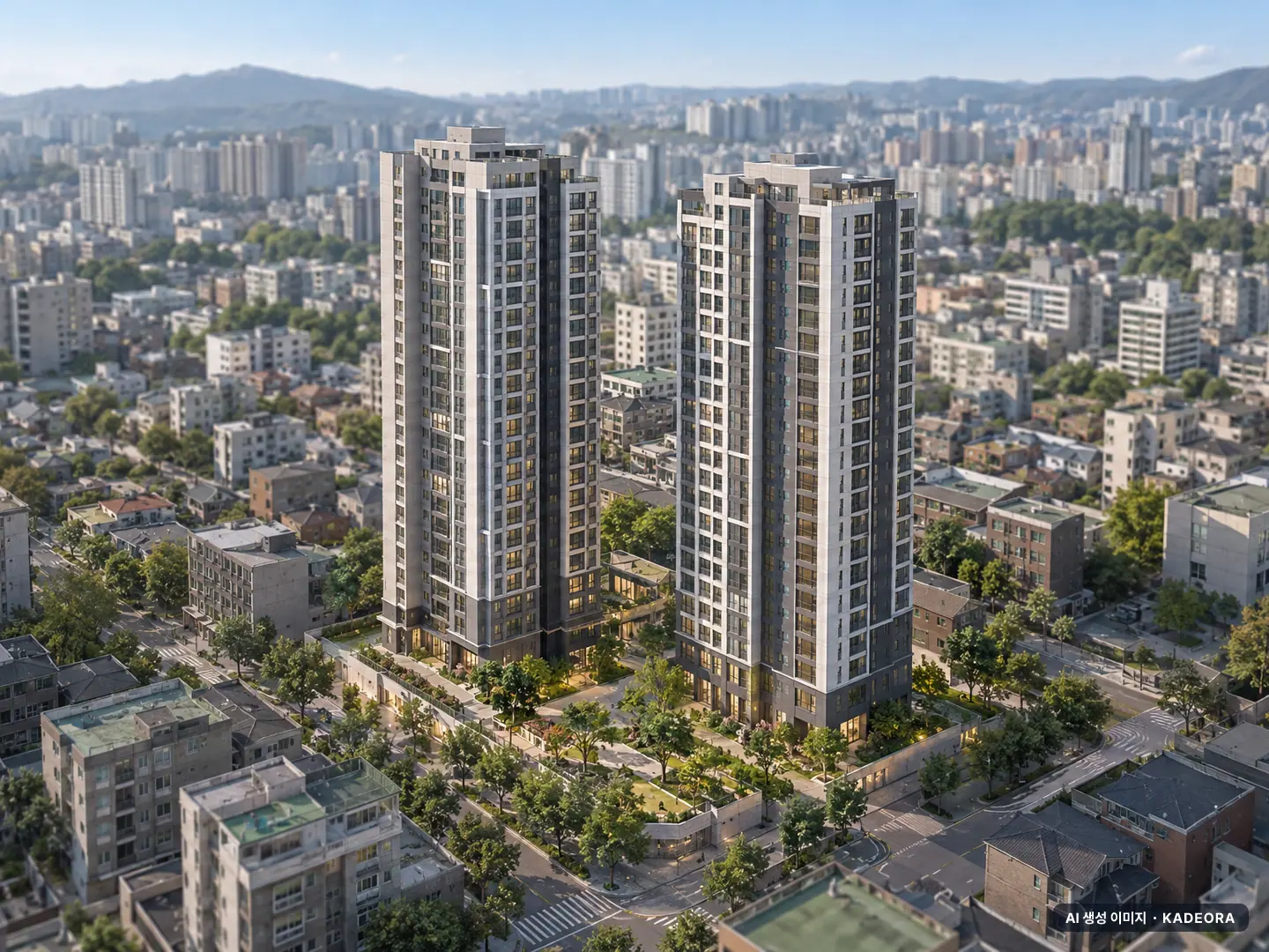연신내 양우내안애 퍼스티지 2개동·최고 22층·총 260세대(이번 239세대 공급) 기준 AI 상상도(주간 항공) — 실제와 다를 수 있음