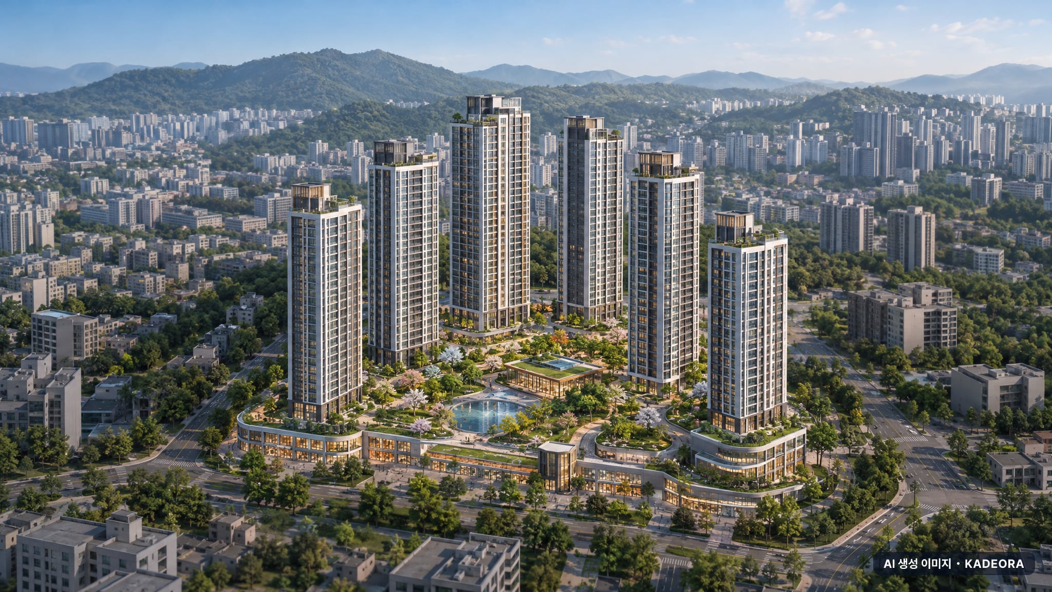 인천 영종국제도시 RC4-1,2BL 주상복합 (사전청약) 주간 항공 상상도 · AI 생성 이미지로 실제와 다를 수 있음 인천 영종국제도시 RC4-1,2BL 주상복합 (사전청약) 단지 전경 AI 상상도(주간 항공) — 인천 영종구 착공 868세대