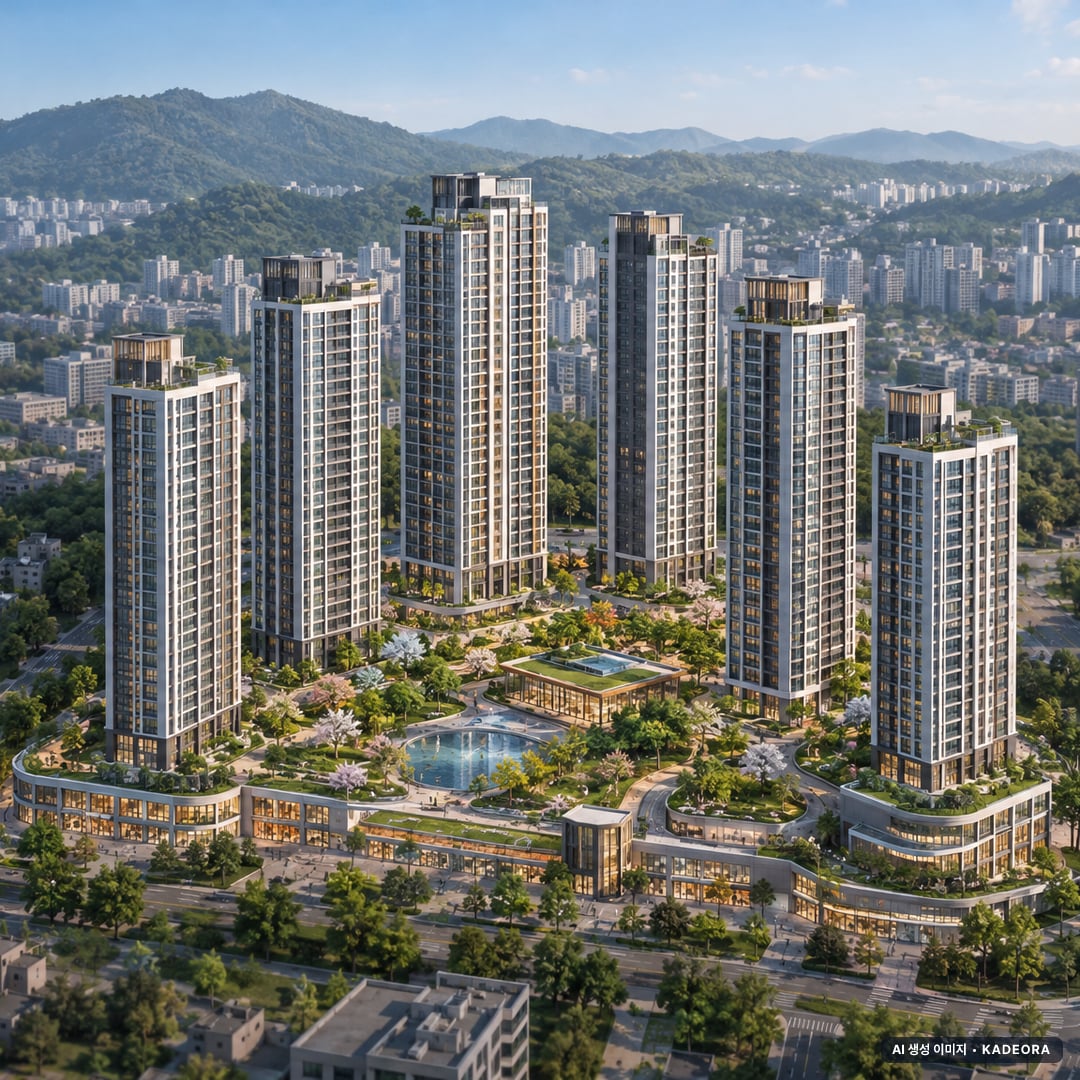 인천 영종국제도시 RC4-1,2BL 주상복합 (사전청약) 7개동·최고 46층·총 1,021세대(이번 868세대 공급) 기준 AI 상상도(주간 항공) — 실제와 다를 수 있음