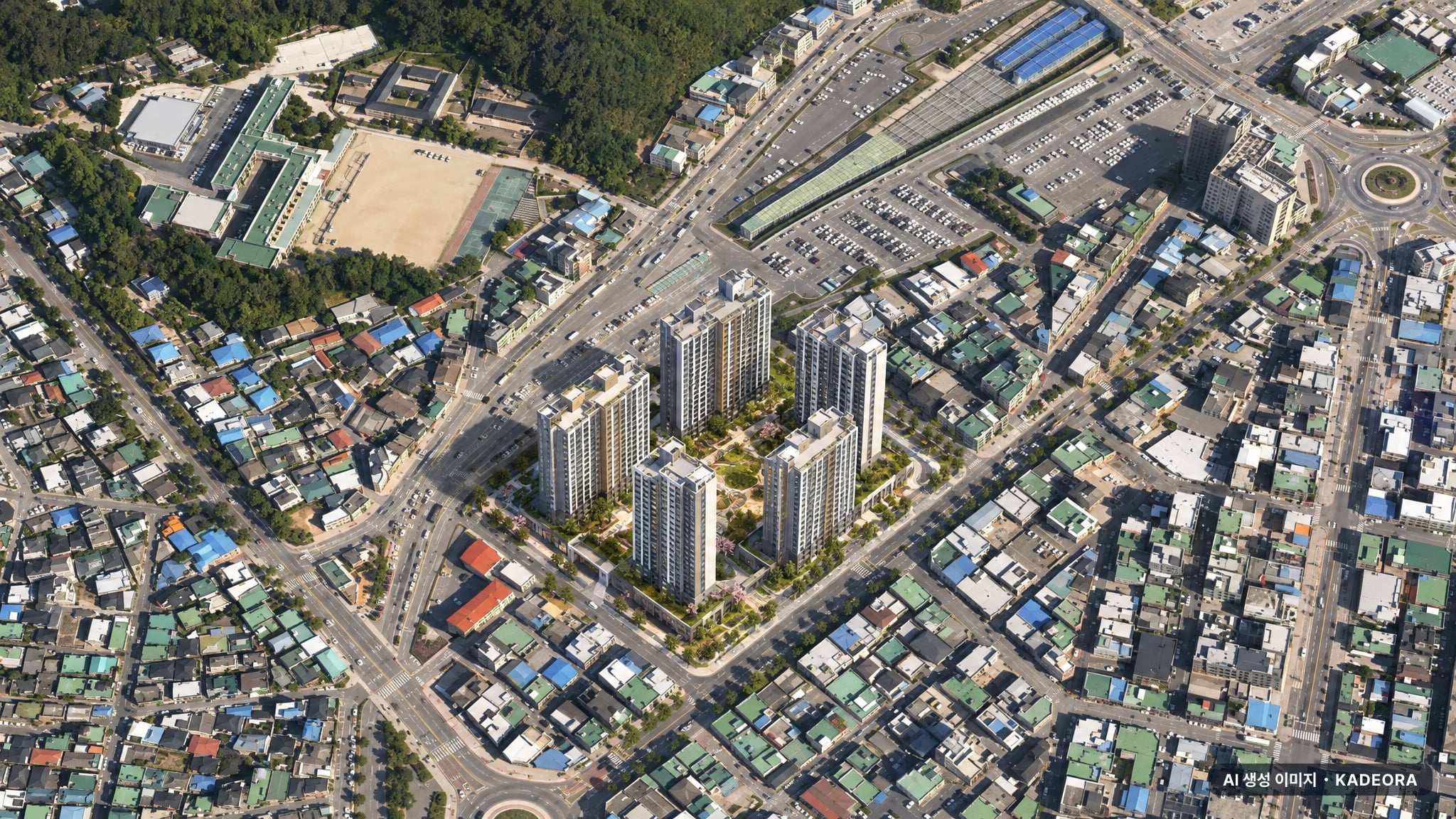 리쉐스302 단지 전경 AI 상상도(주간 항공) — 강원 강릉시 착공 302세대