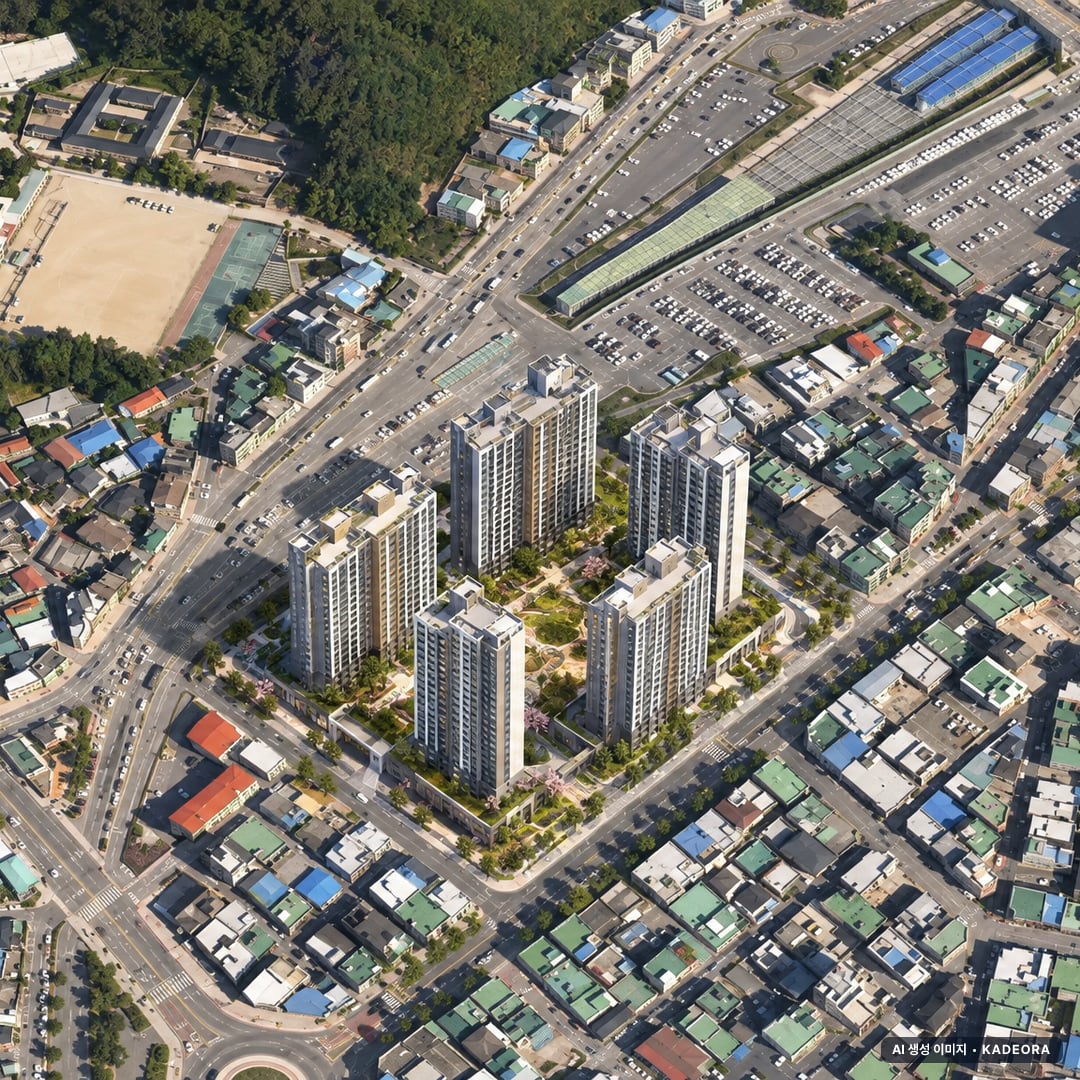 리쉐스302 주간 항공 상상도 · AI 생성 이미지로 실제와 다를 수 있음 리쉐스302 단지 전경 AI 상상도(주간 항공) — 강원 강릉시 착공 302세대