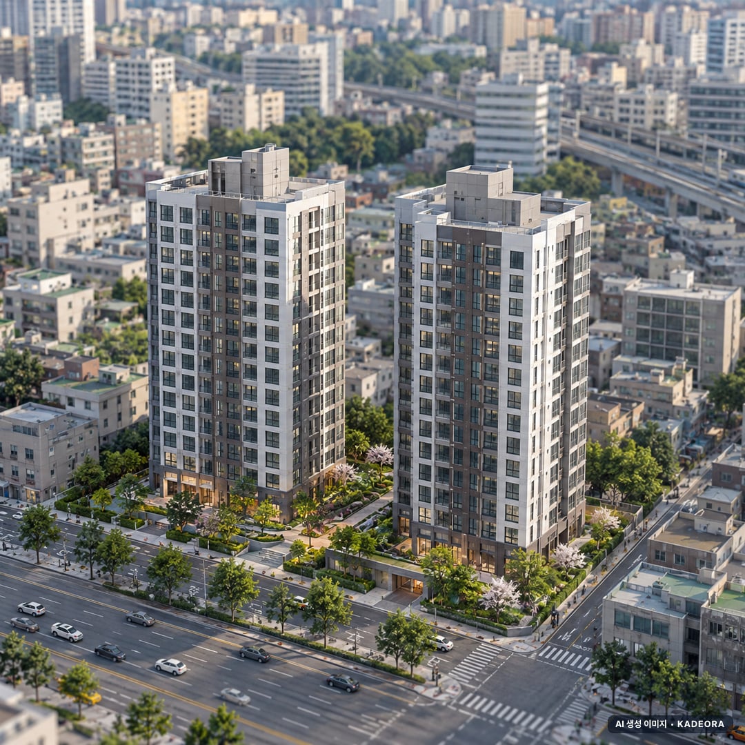 부천역 에피트 어바닉(5차) 2개동·최고 15층·총 150세대(이번 5세대 공급) 기준 AI 상상도(주간 항공) — 실제와 다를 수 있음