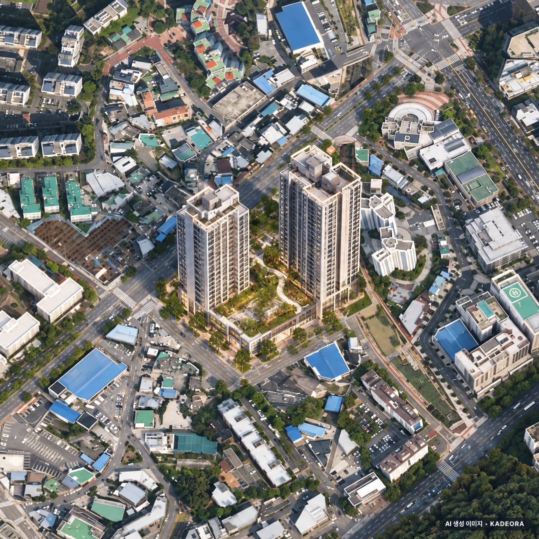 해운대경동리인뷰 단지 전경 AI 상상도(주간 항공) — 부산 해운대구 착공 166세대