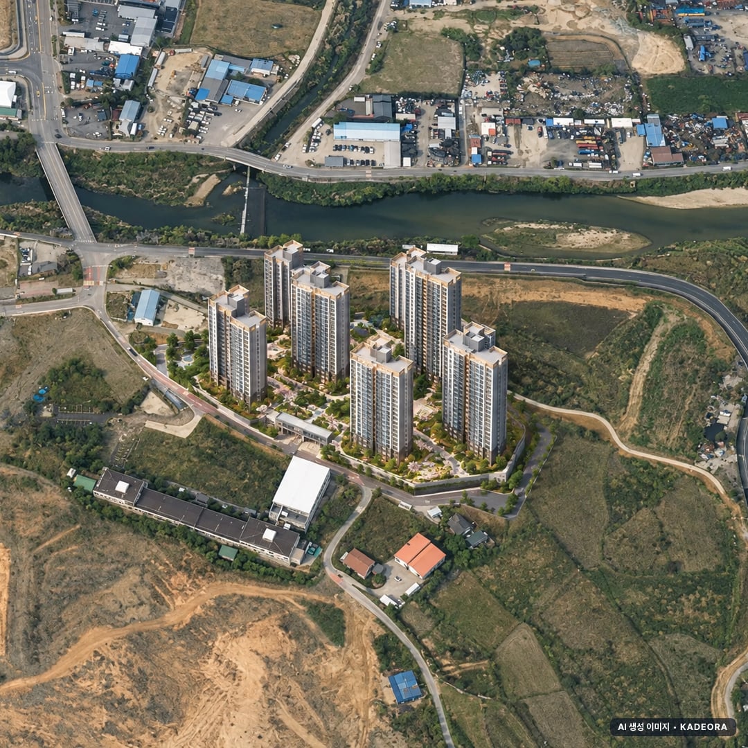 아산 그랑시티필하우스 14개동·최고 28층·총 1,534세대(이번 1,380세대 공급) 기준 AI 상상도(주간 항공) — 실제와 다를 수 있음